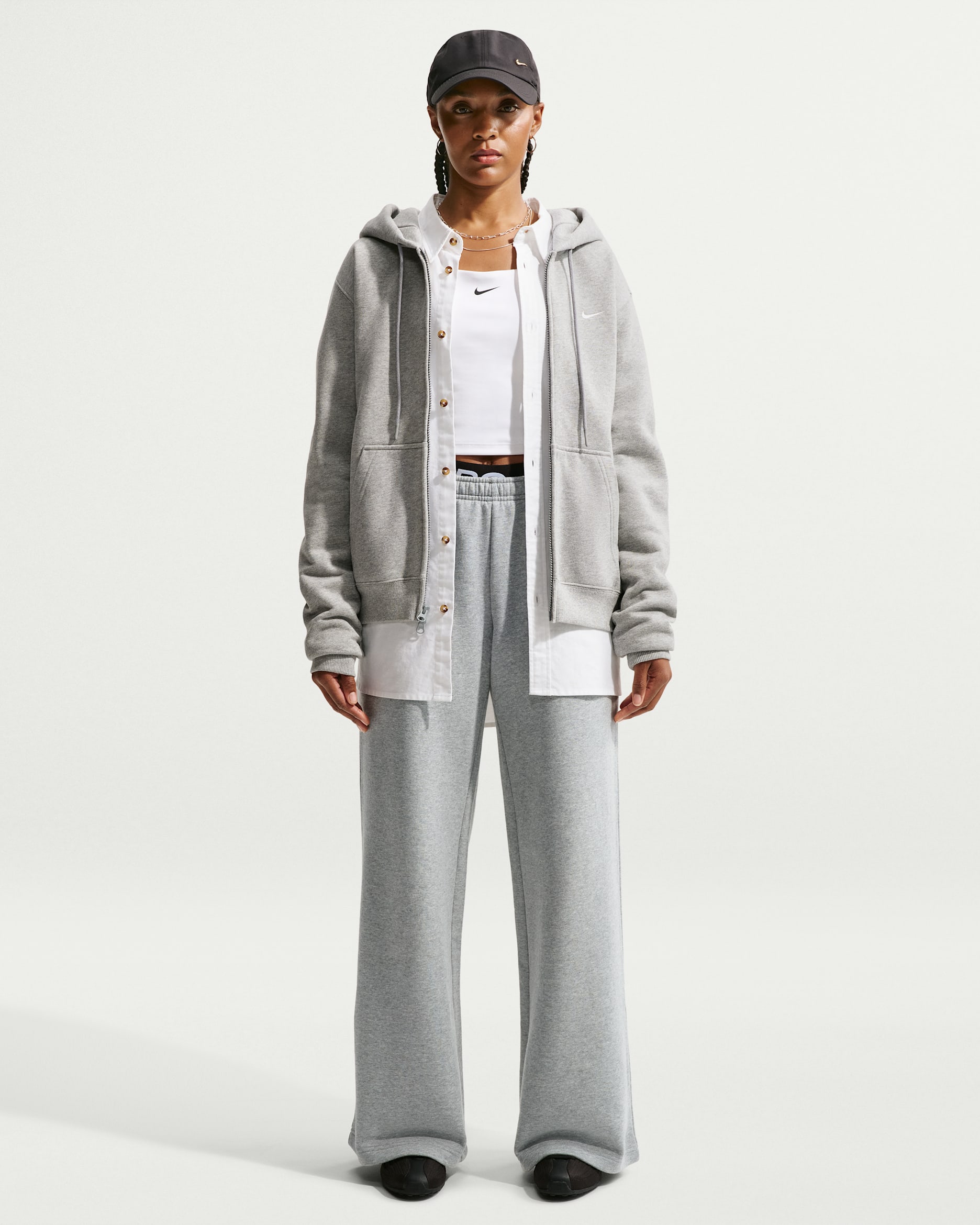 Nike Studio Fleece Medium Weight Women's Mid-Rise Wide-Leg Trousers - Dark Grey Heather/Sail