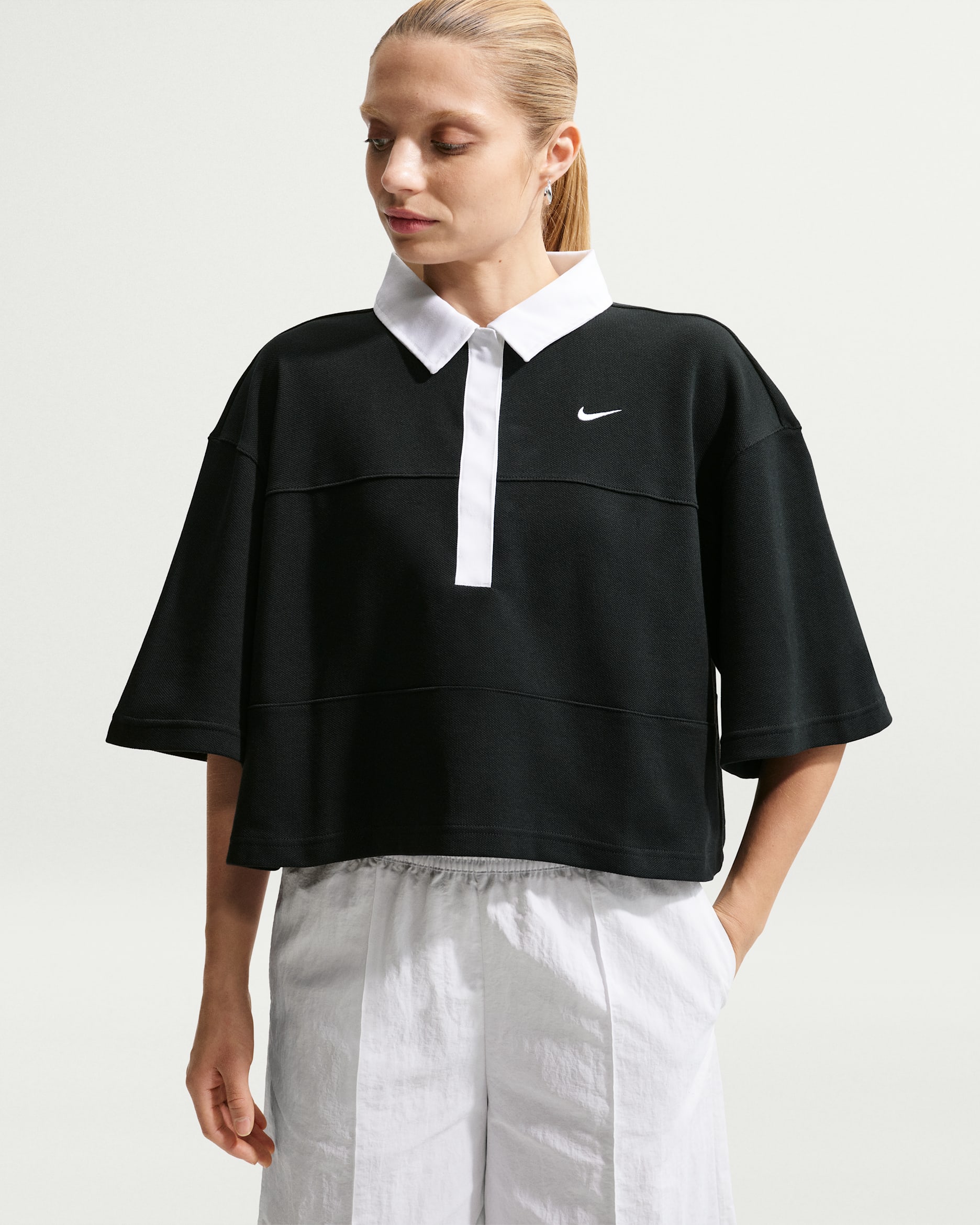 Nike Sportswear Women's Oversized Short-Sleeve Polo Top - Black/Black/White/White