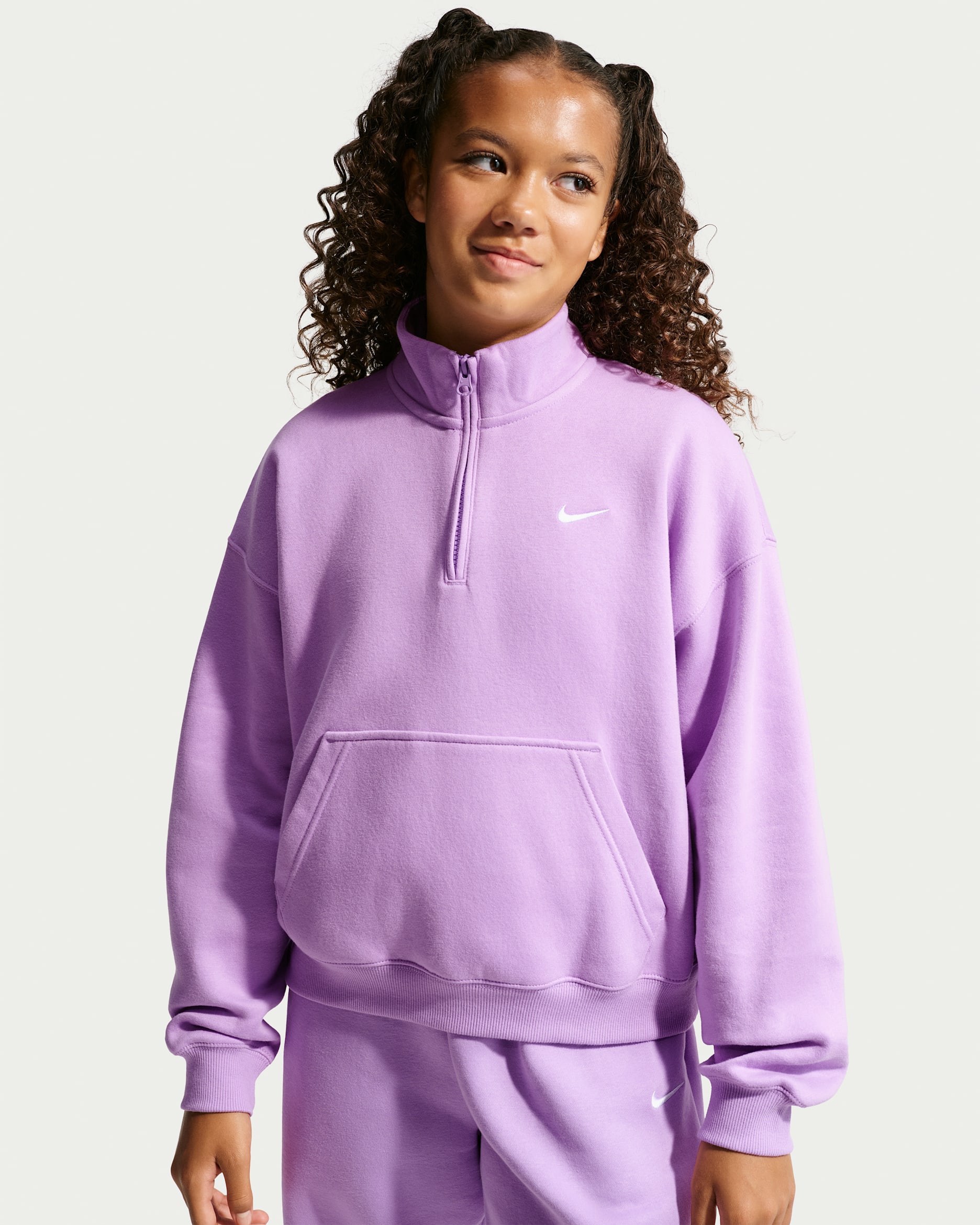 Nike Sportswear Studio Fleece Big Kids' (Girls') Oversized 1/4-Zip Top - Violet Star/White