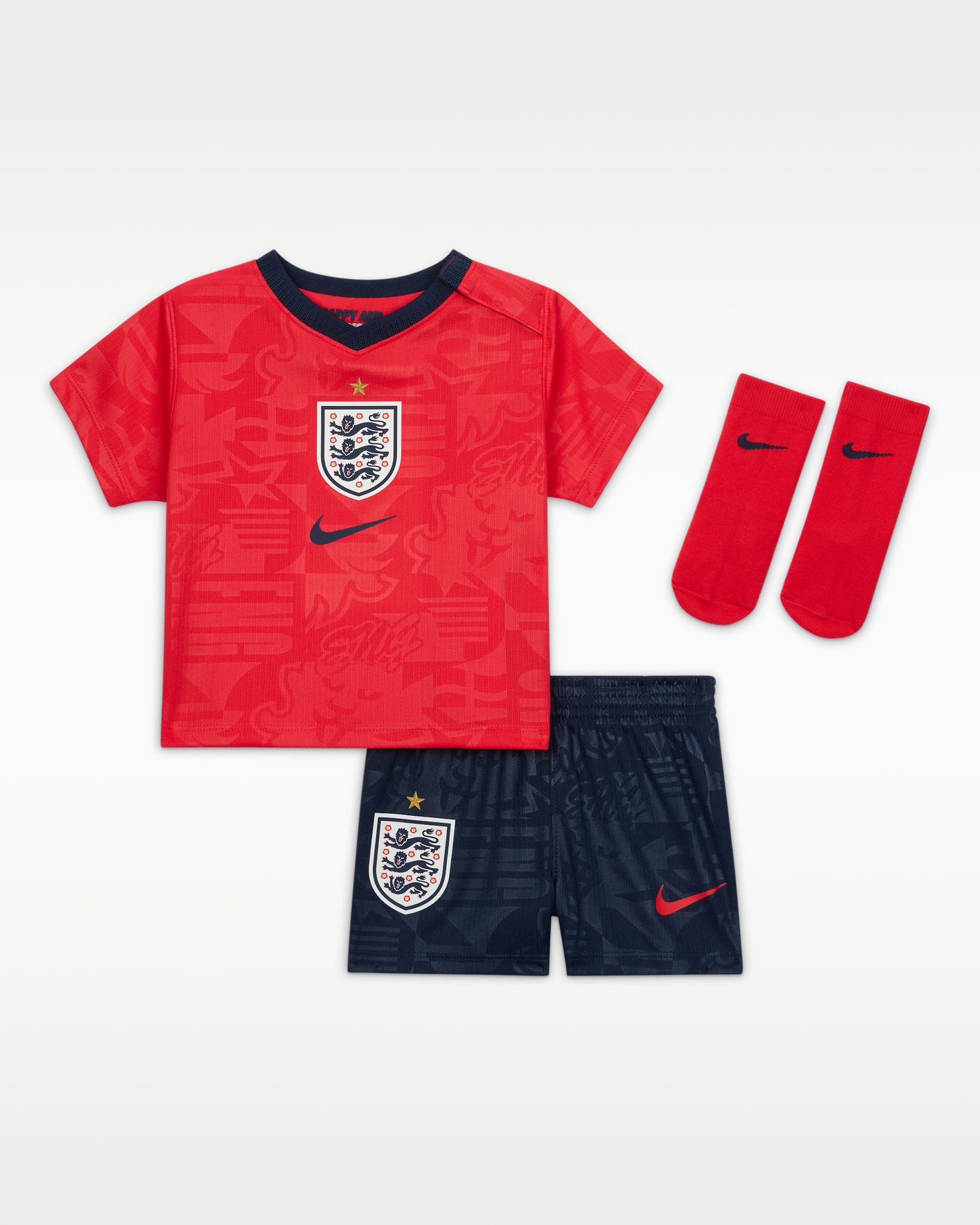 Conjunto de três peças de futebol Replica Nike do equipamento alternativo Stadium Inglaterra 2026 para bebé - Vermelho Speed/Obsidian/Branco