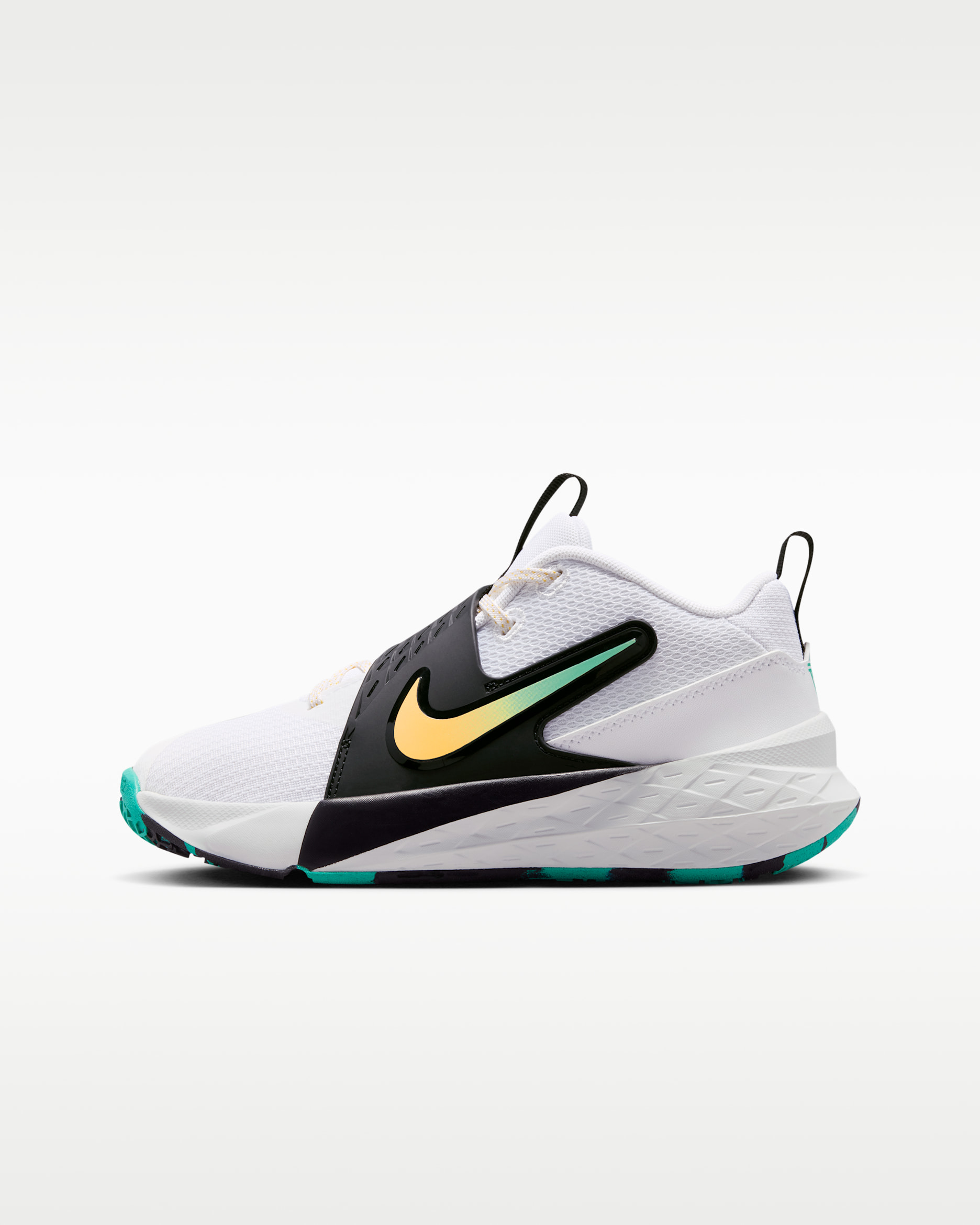 Nike Team Hustle D 12 Big Kids' Basketball Shoes - White/Black/Clear Emerald/Topaz Gold