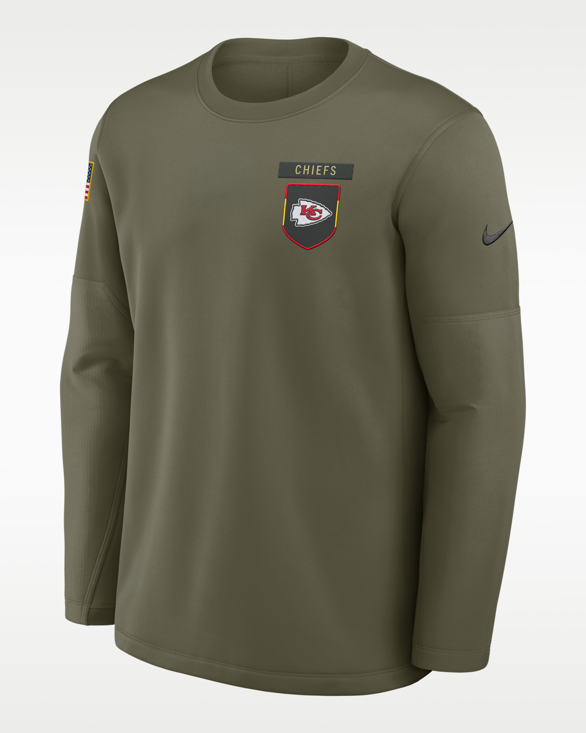 Sudadera de cuello redondo sin cierre Nike de la NFL para hombre Kansas City Chiefs Salute to Service Sideline Triumphant Win Coach - Oliva