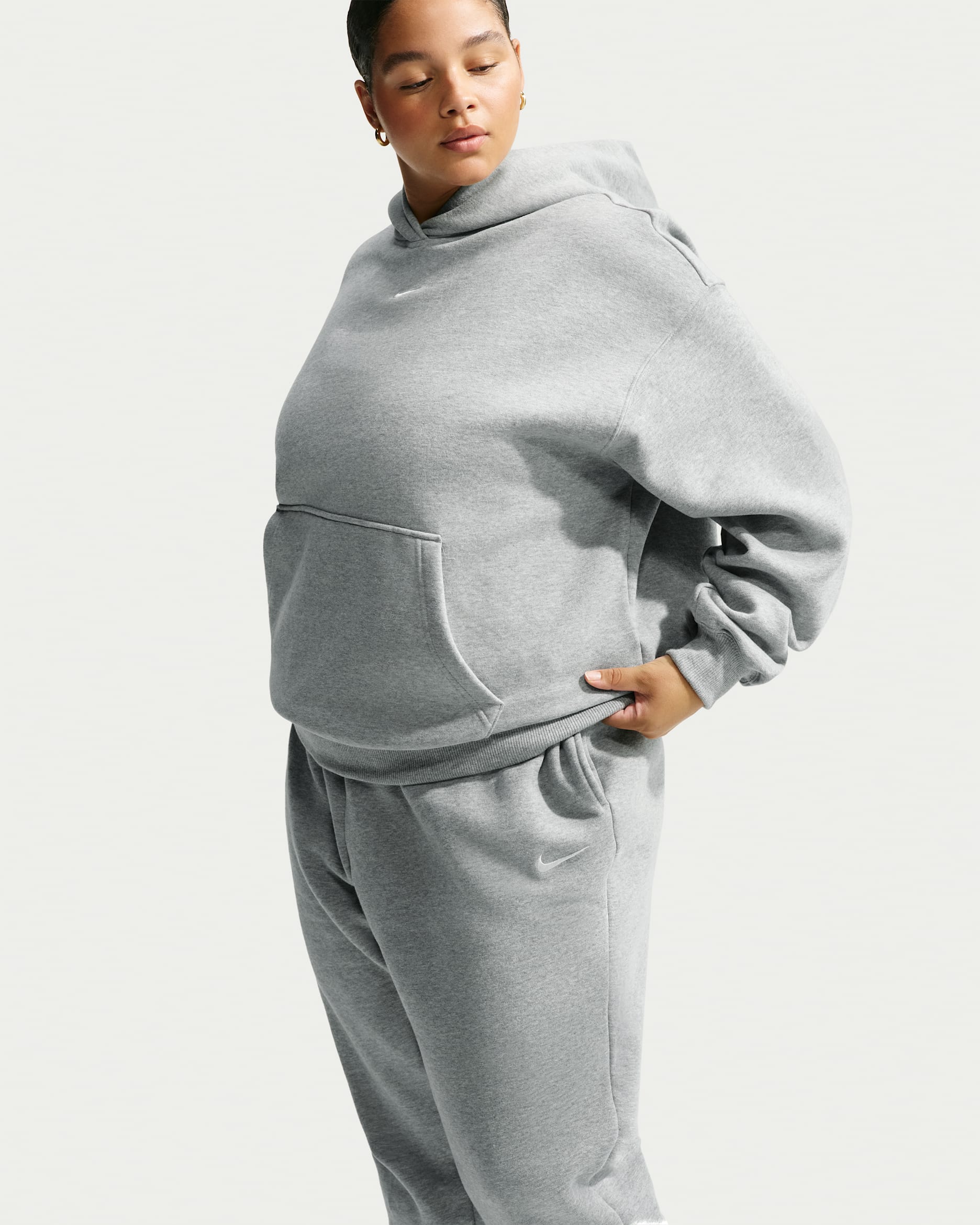 Nike Studio Fleece Medium Weight Women's Oversized Pullover Hoodie - Dark Grey Heather/Sail