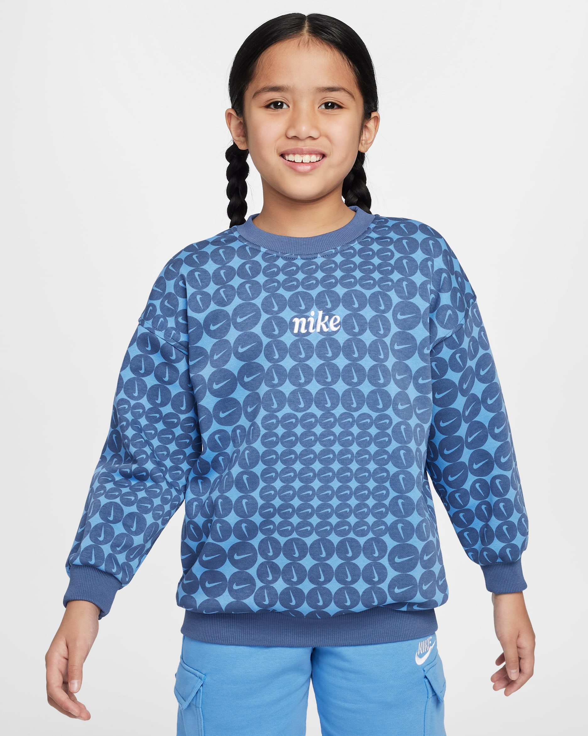 Sudadera de cuello redondo oversized para niña talla grande Nike Sportswear Club Fleece - Azul difuso/Blanco