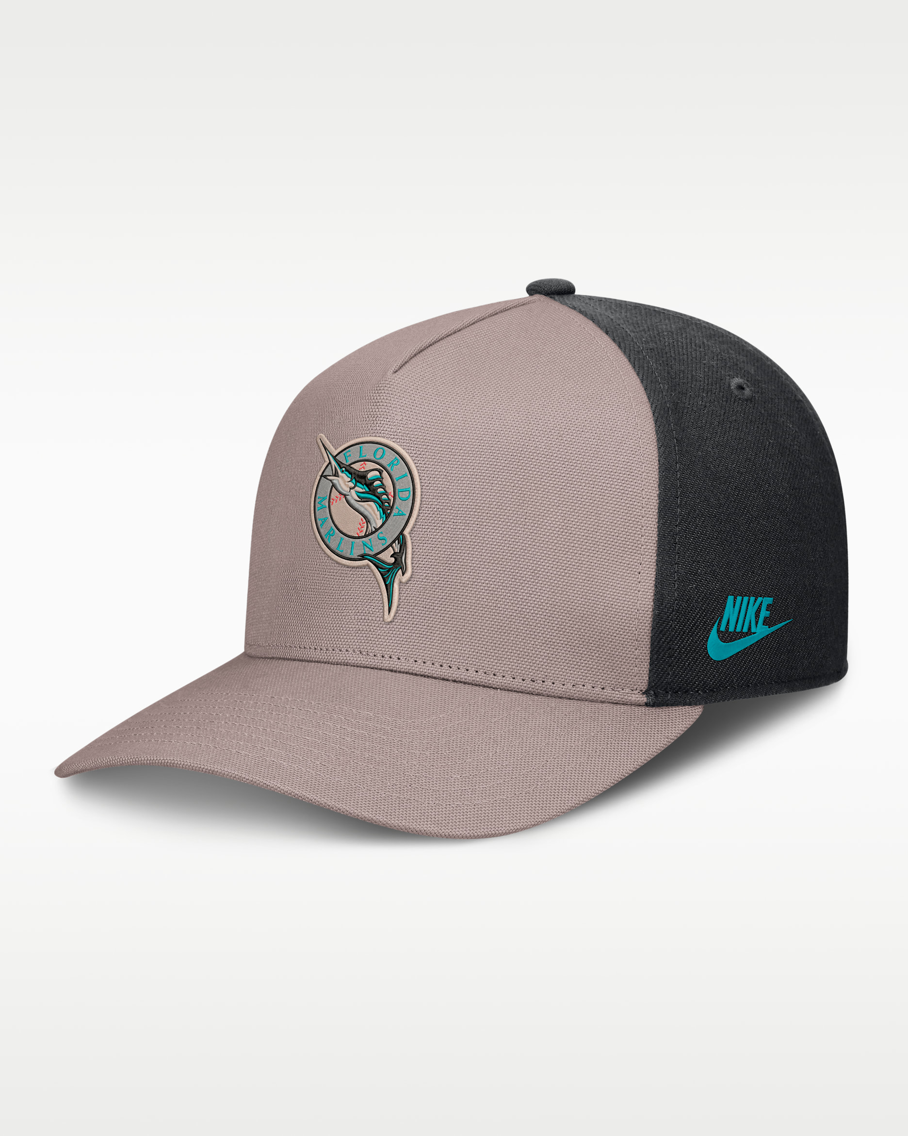 Gorra Nike de la MLB ajustable y con estructura A-Frame para hombre Florida Marlins Cooperstown Rise - Café claro leyenda/Negro