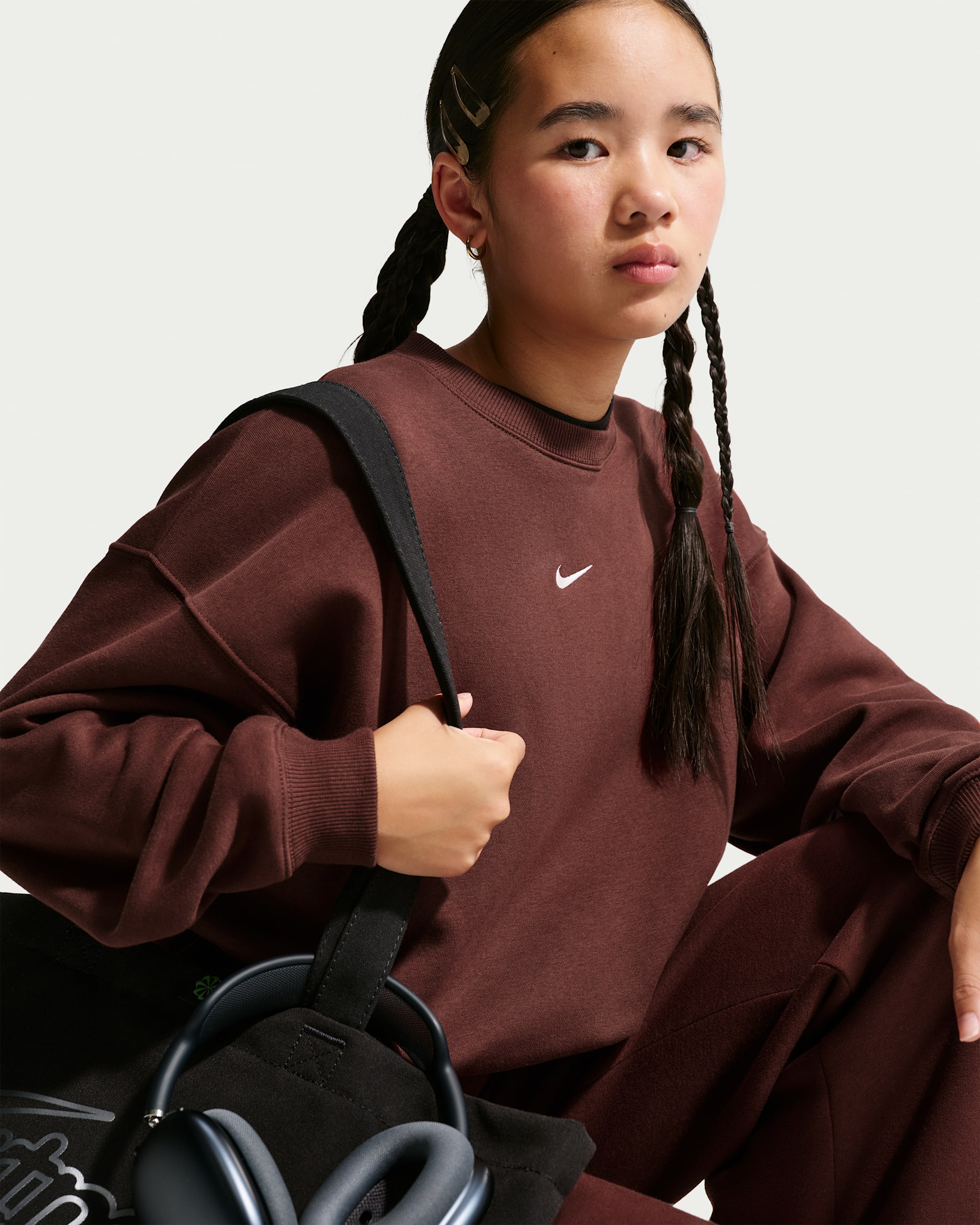 Sweat oversize à col ras-du-cou Nike Sportswear Studio pour pré-ado (fille) - Mystic Dates/Blanc