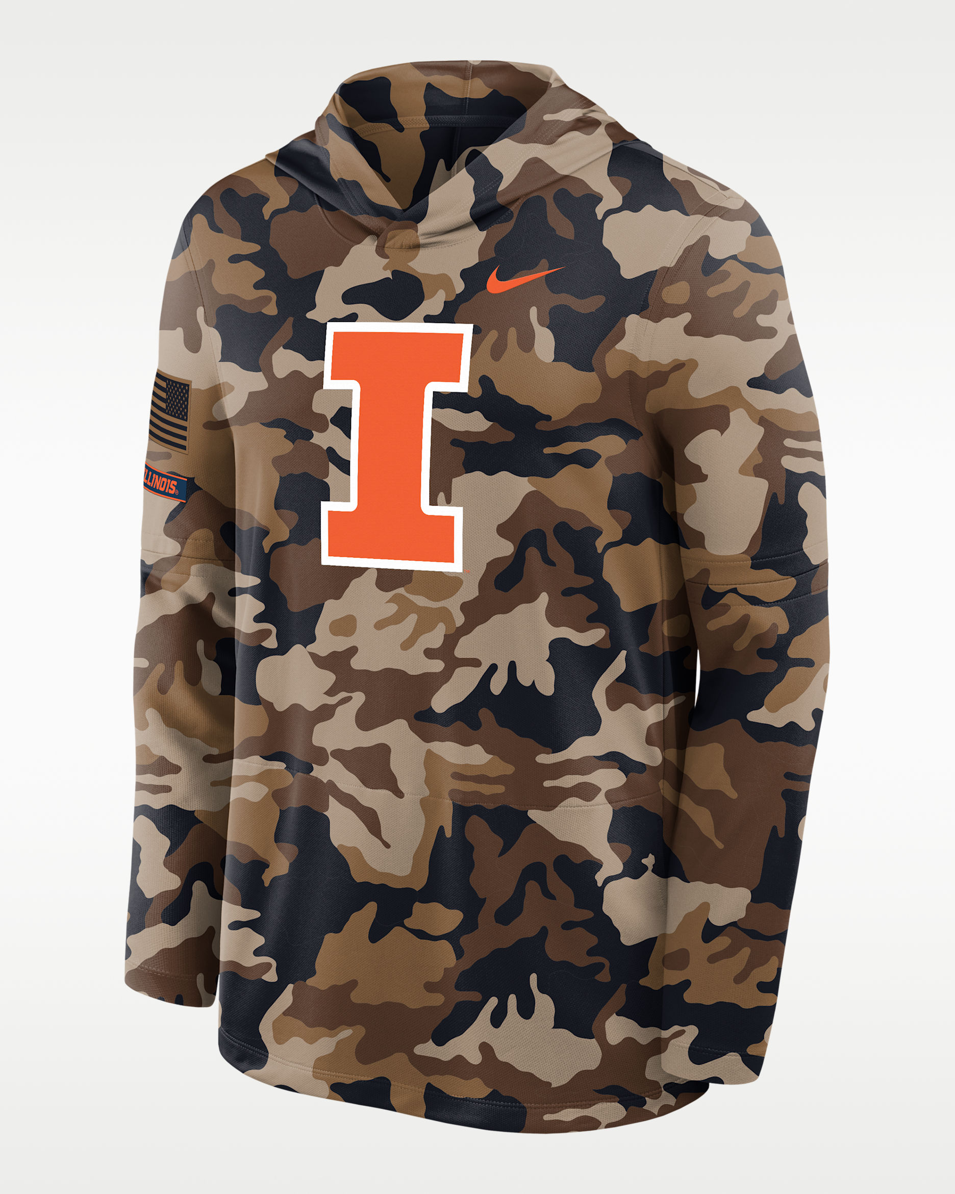 Sudadera con gorro de manga larga universitaria Nike Dri-FIT para hombre Illinois 2026 Military Appreciation - Marrón cerveza/Verde camuflaje