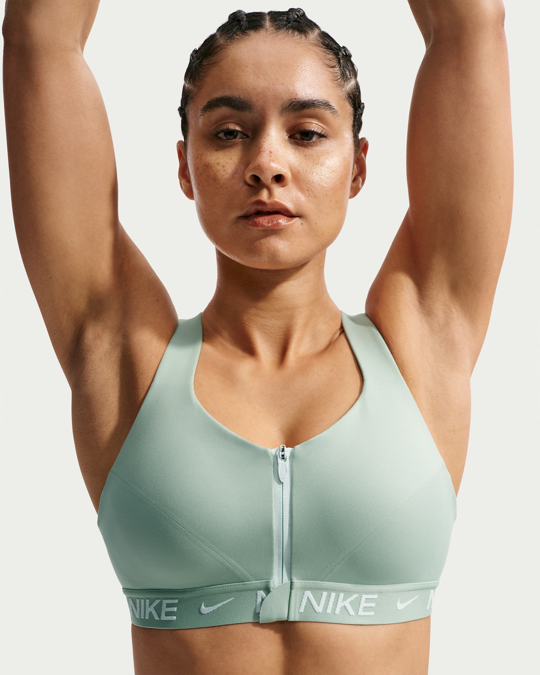 Bra deportivo con almohadillas y cierre frontal para mujer Nike Indy High Support - Vapor/Verde ligero