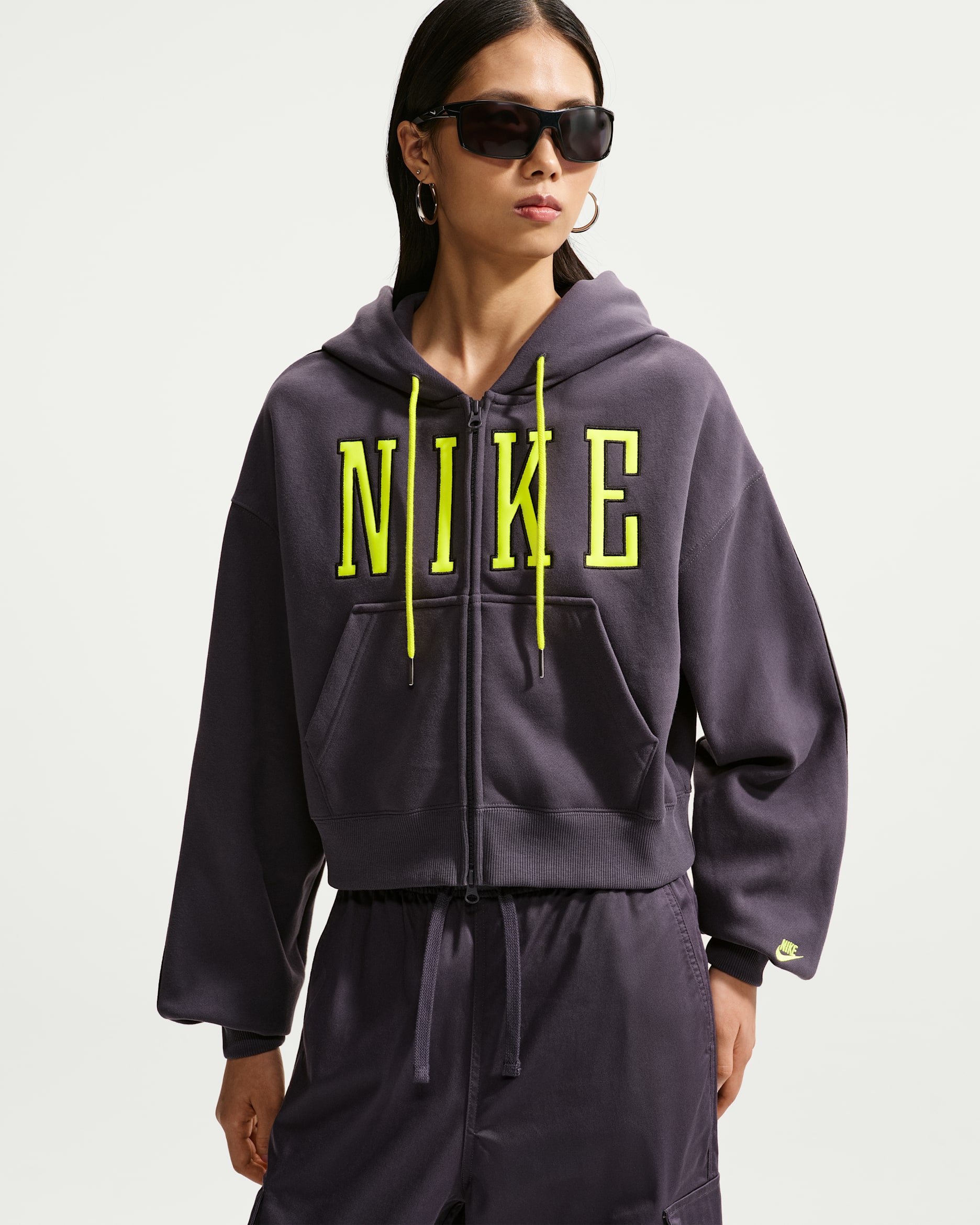 Nike Studio Fleece Medium Weight Women's Oversized Full-Zip Cropped Hoodie - Gridiron/Lemon Venom/Lemon Venom