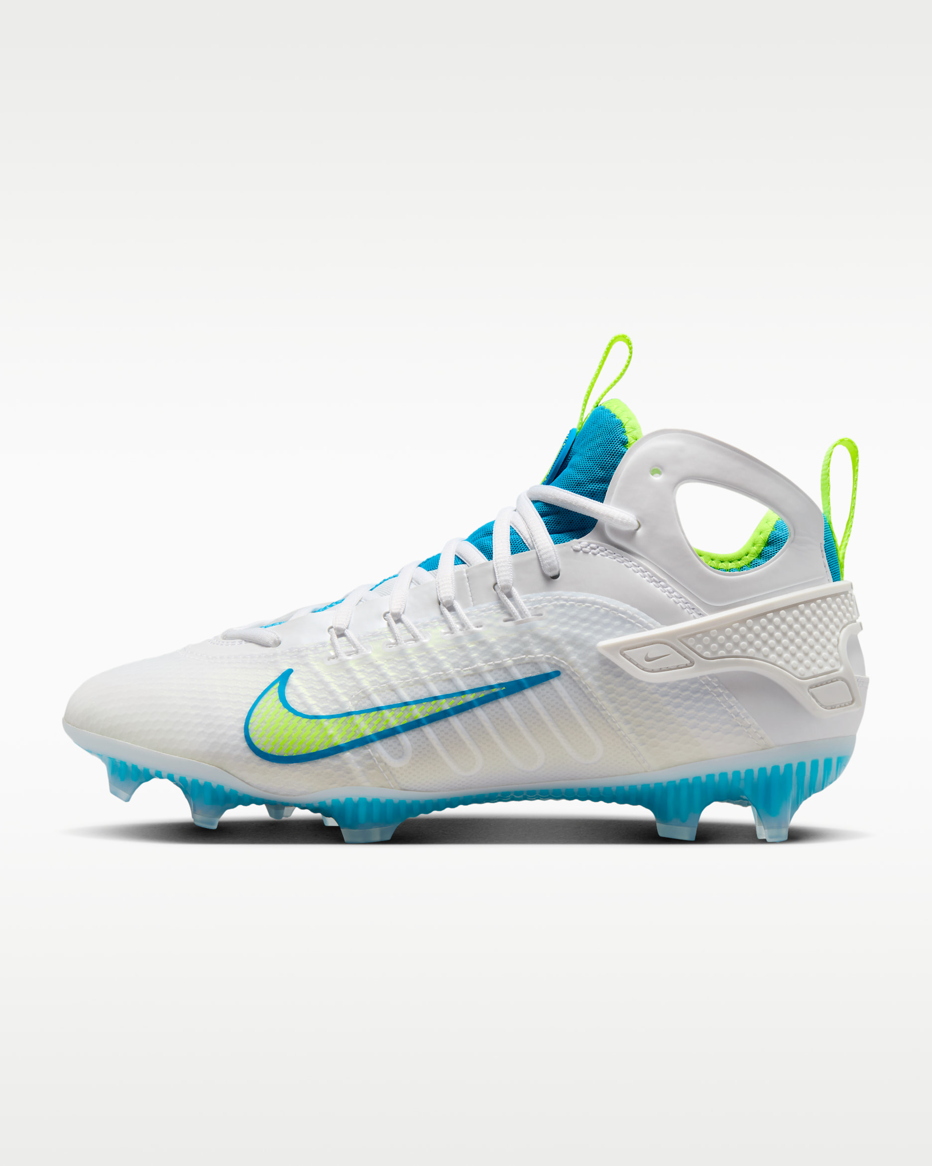 Nike Huarache 9 Elite Mid LAX SE Lacrosse Cleats - White/Vivid Blue/Volt
