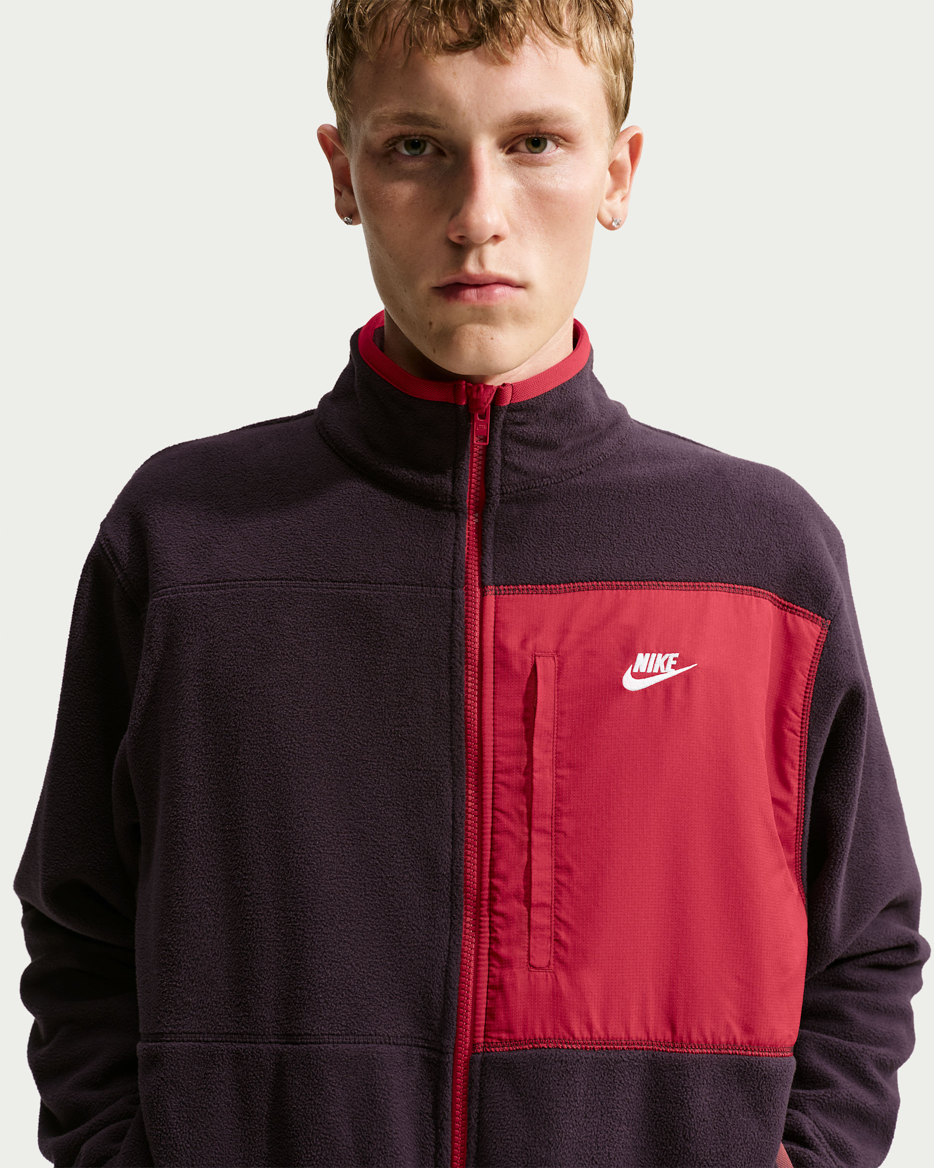 Nike Club Men's Therma-FIT Full-Zip Jacket - Burgundy Ash/Tough Red/White