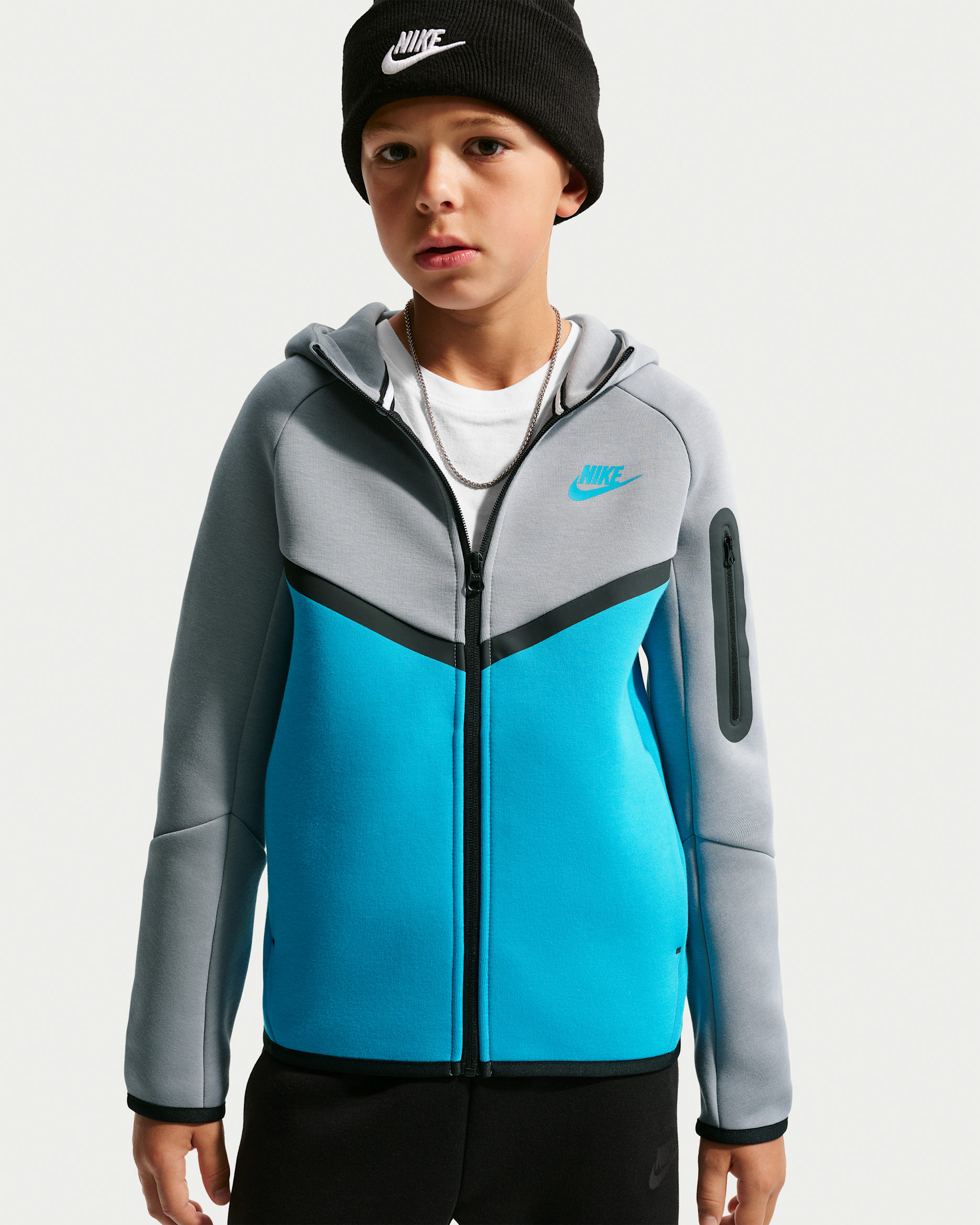 Nike Sportswear Tech fleecehettejakke med hel glidelås til store barn - Stealth/Light Current Blue/Svart/Light Current Blue