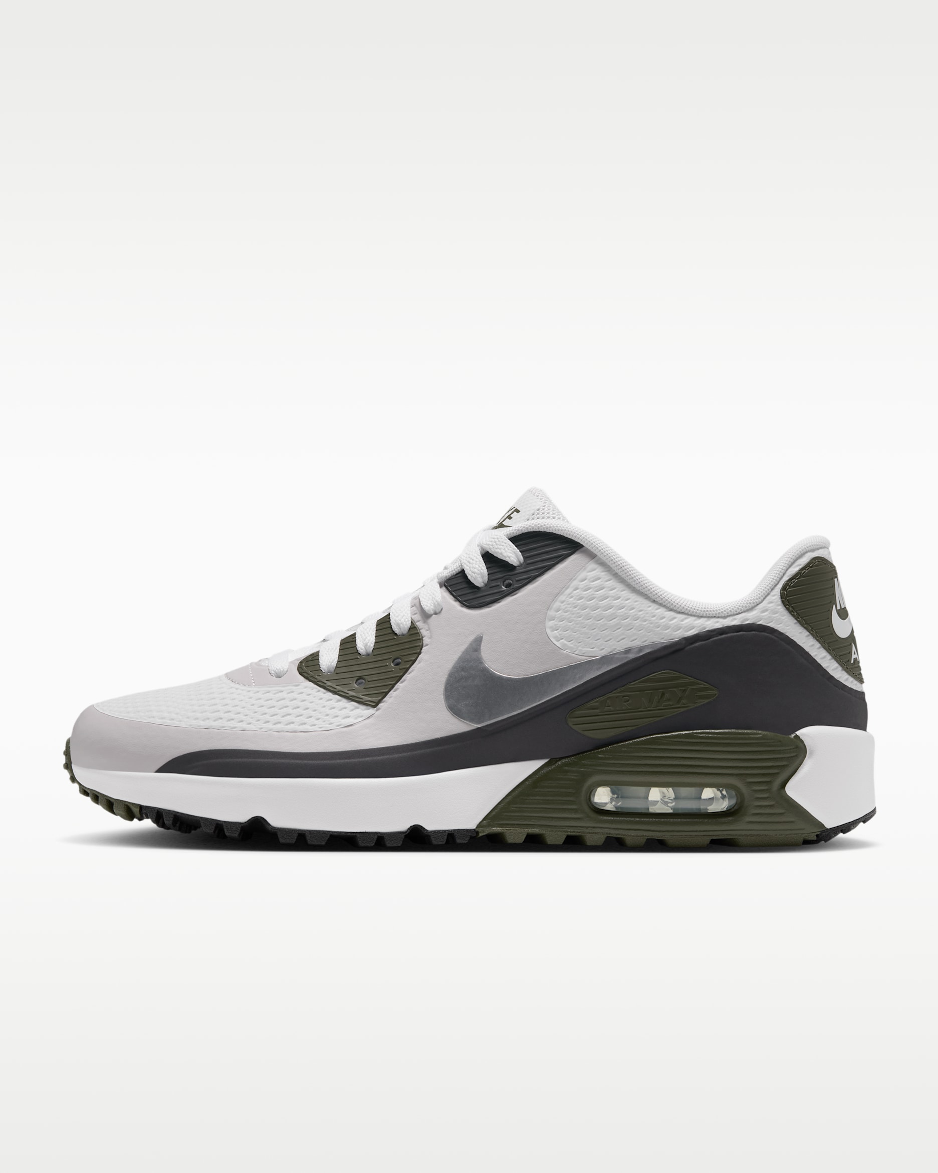 Chaussure de golf Nike Air Max 90 G - Blanc/Medium Olive/Vast Grey/Metallic Silver
