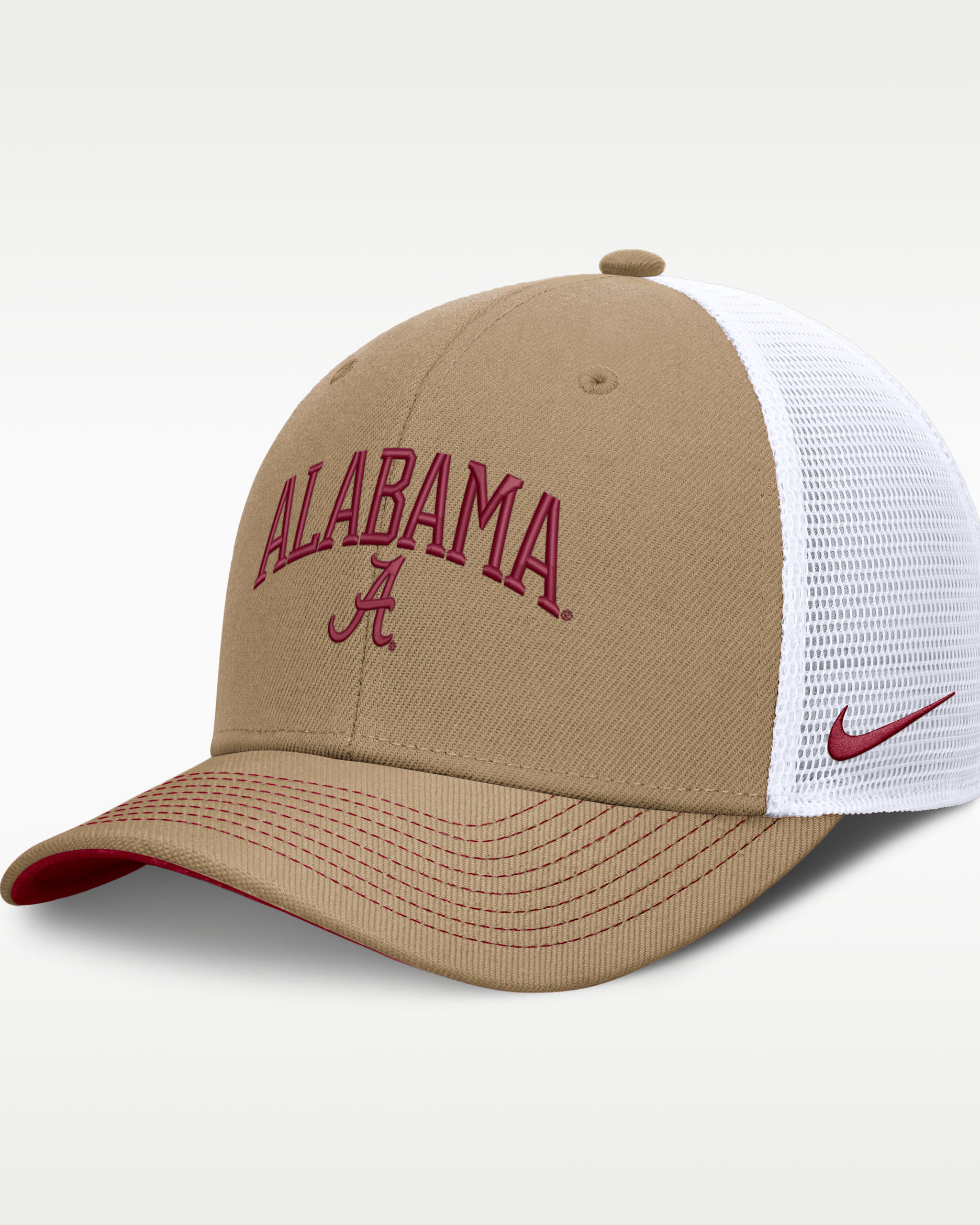 Alabama Primetime Arched Men's Nike Dri-FIT College Trucker Adjustable Hat - Classic Beige/Crimson