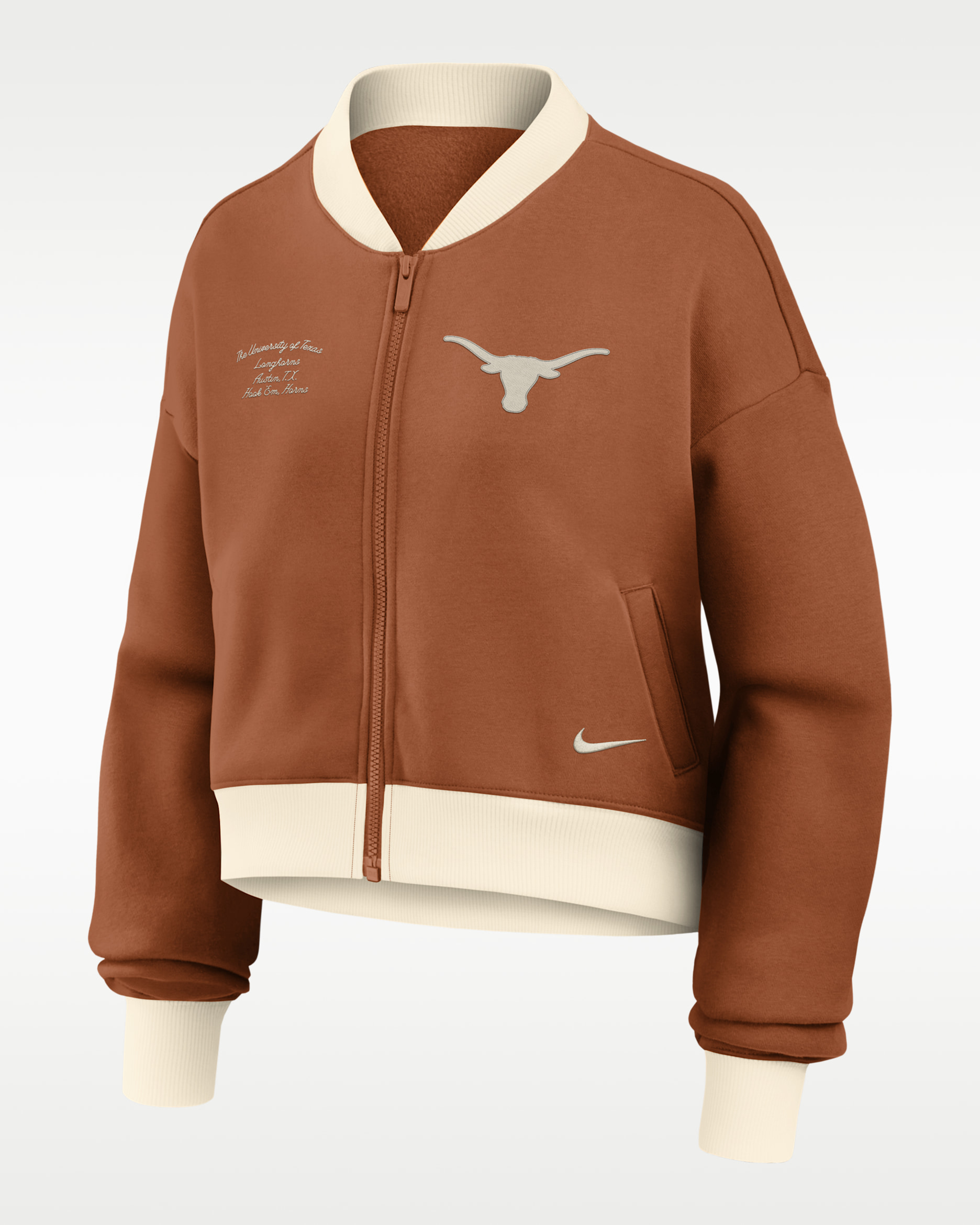 Texas Academic Women's Nike College Oversized Cropped Full-Zip Bomber Jacket - Orange/Natural
