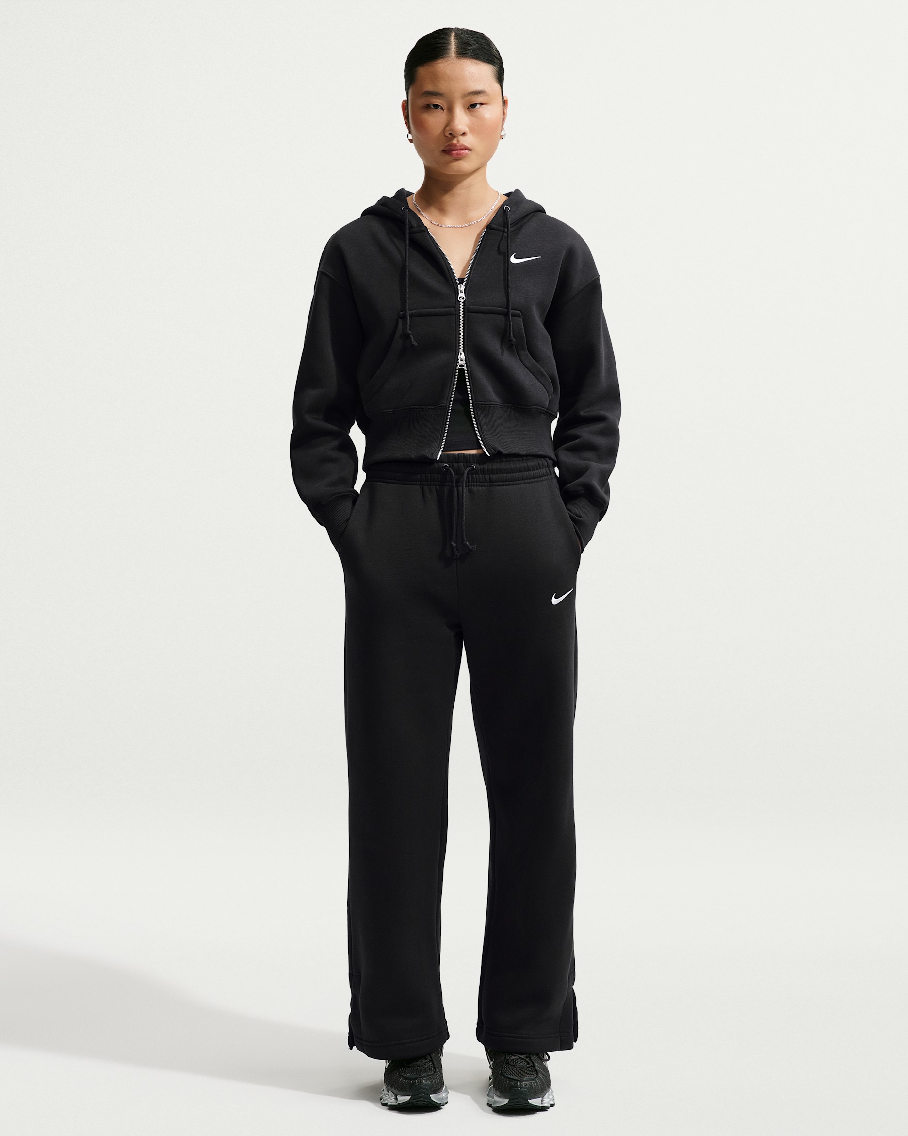 กางเกงขายาวทรงขากว้างเอวสูงผู้หญิง Nike Sportswear Phoenix Fleece - ดำ/Sail
