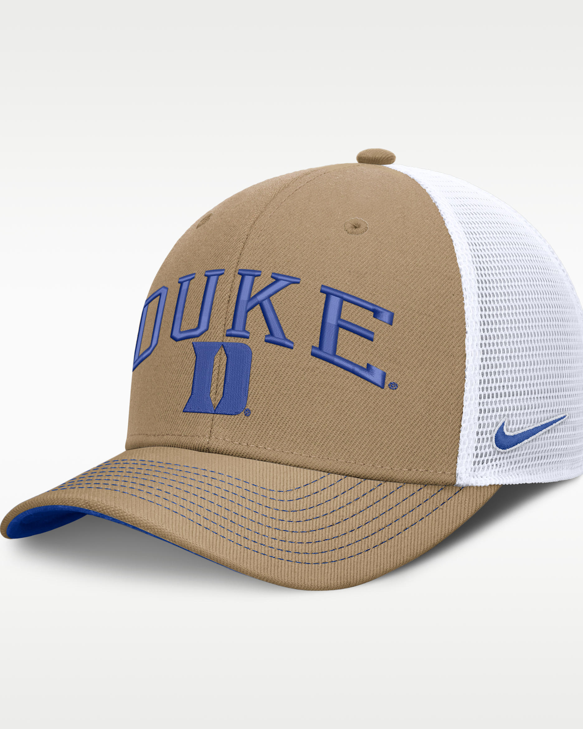 Duke Primetime Arched Men's Nike Dri-FIT College Trucker Adjustable Hat - Classic Beige/Royal