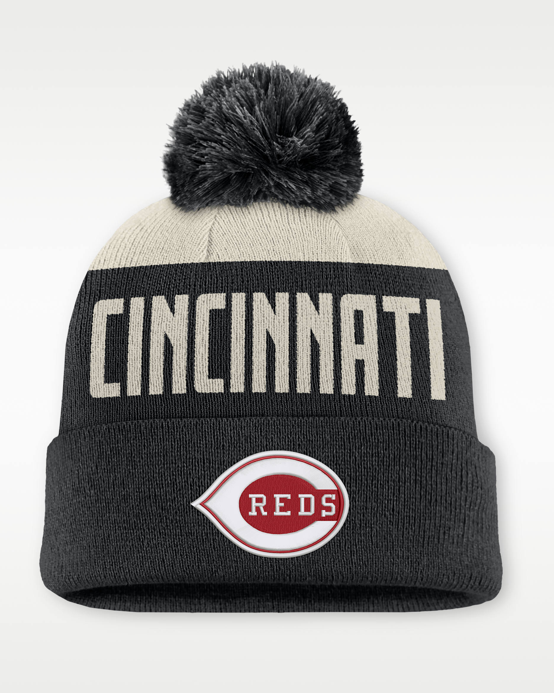 Gorro con dobladillo y pompón Nike de la MLB para hombre Cincinnati Reds Cooperstown Peak - Blanco/Negro