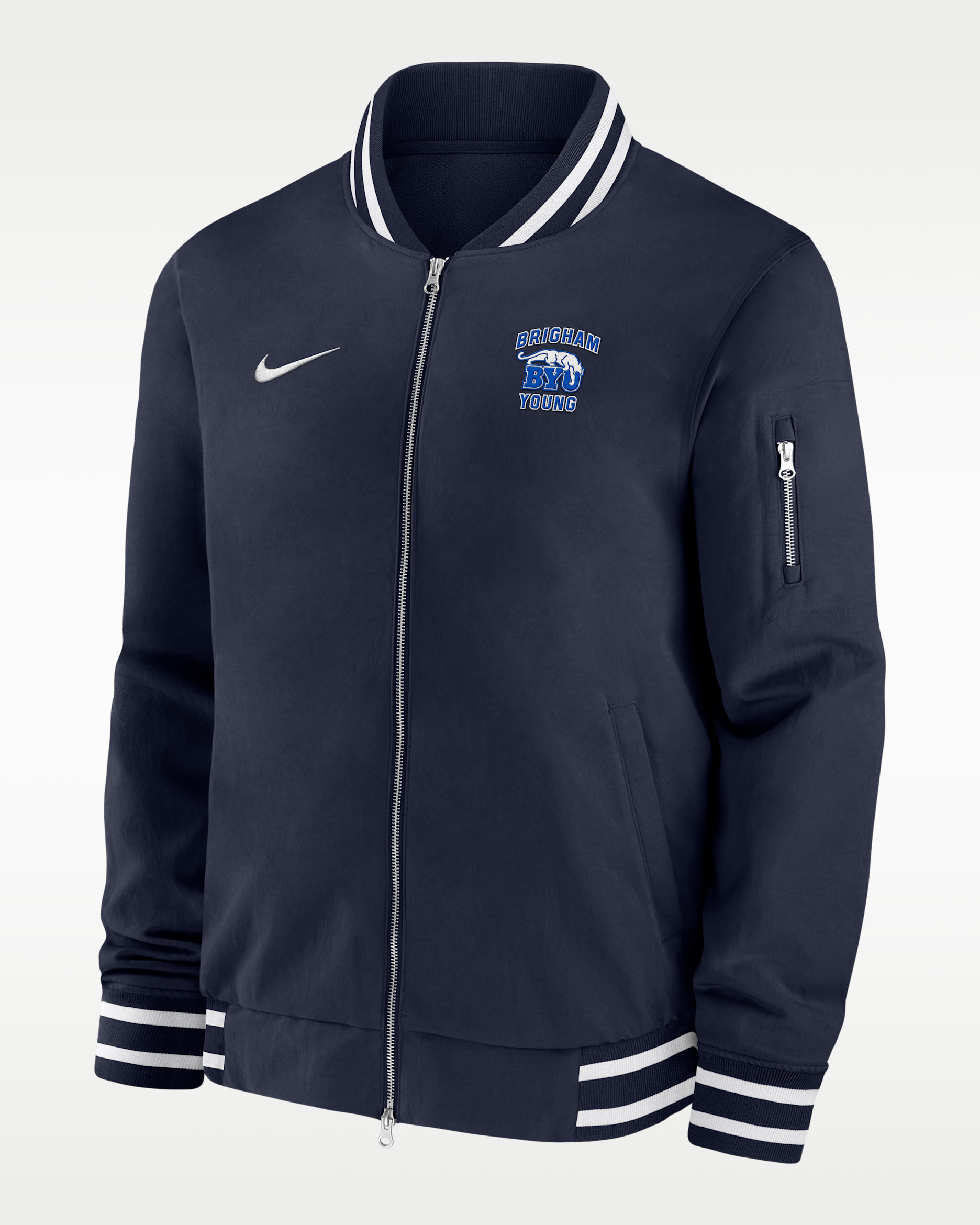 Chamarra bomber universitaria Nike de los BYU Cougars para hombre - Azul marino universitario