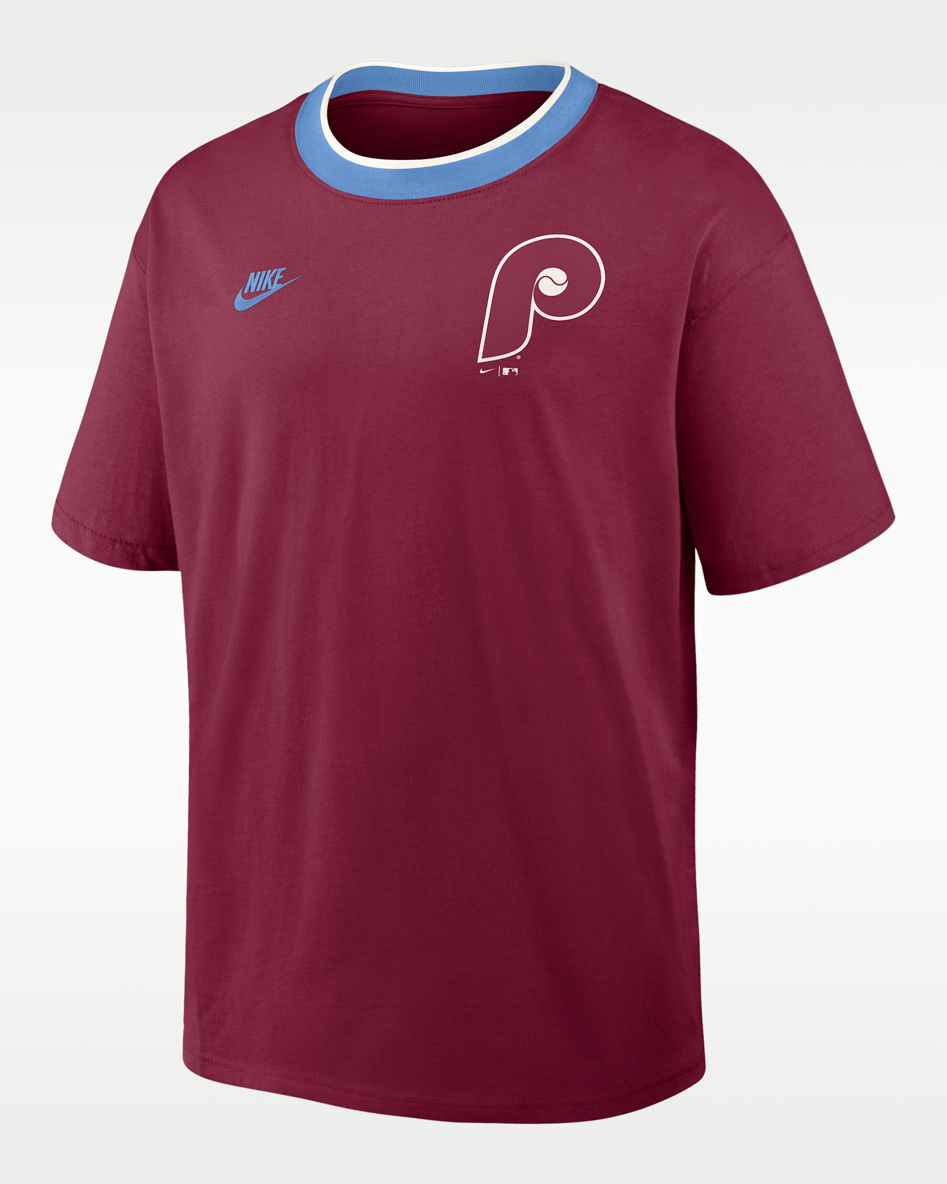 Philadelphia Phillies Cooperstown Ringer Men's Nike MLB T-Shirt - Maroon/Light Blue