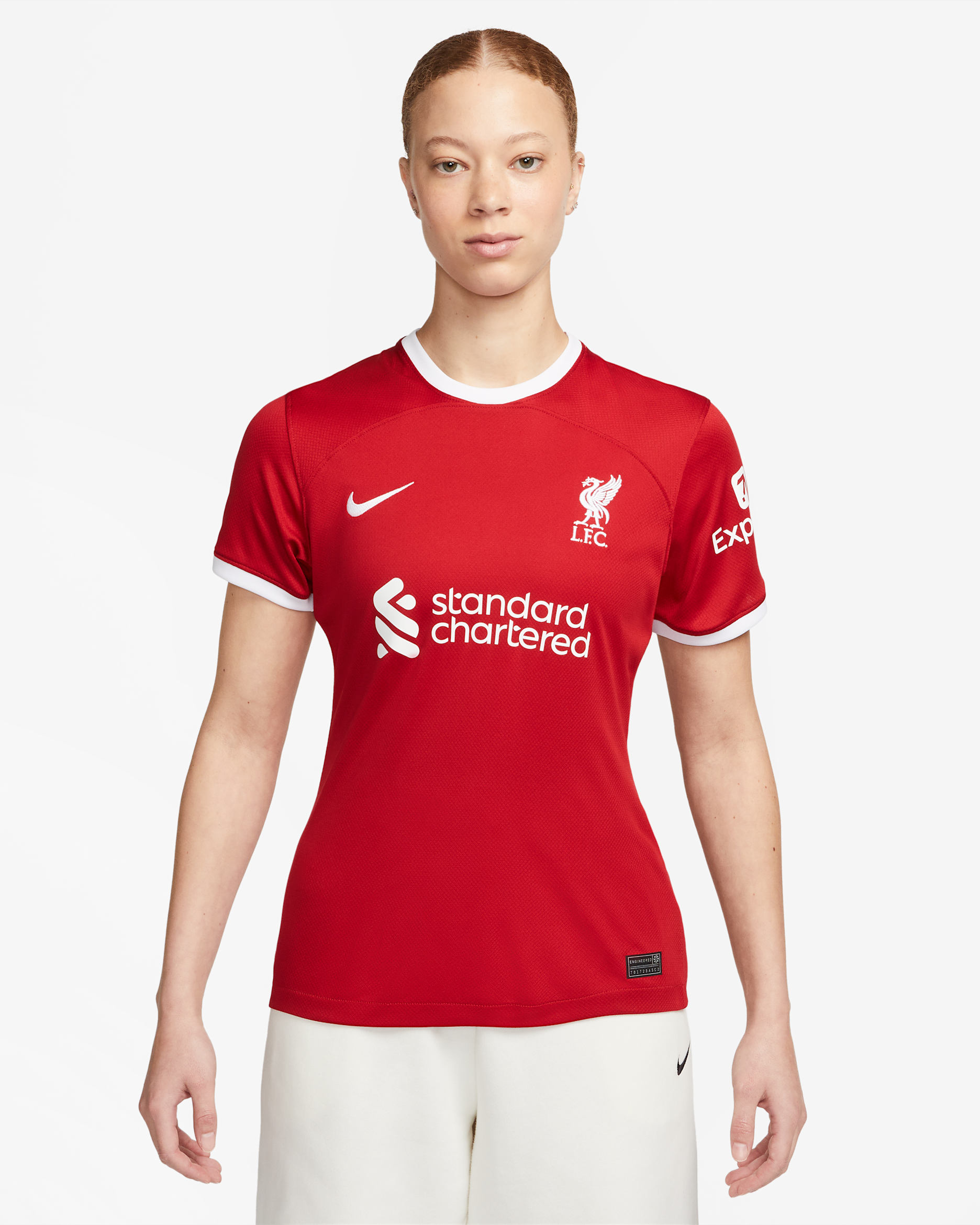 Maillot de football Nike Dri-FIT Liverpool FC 2023/24 Stadium Domicile pour femme - Gym Red/Blanc