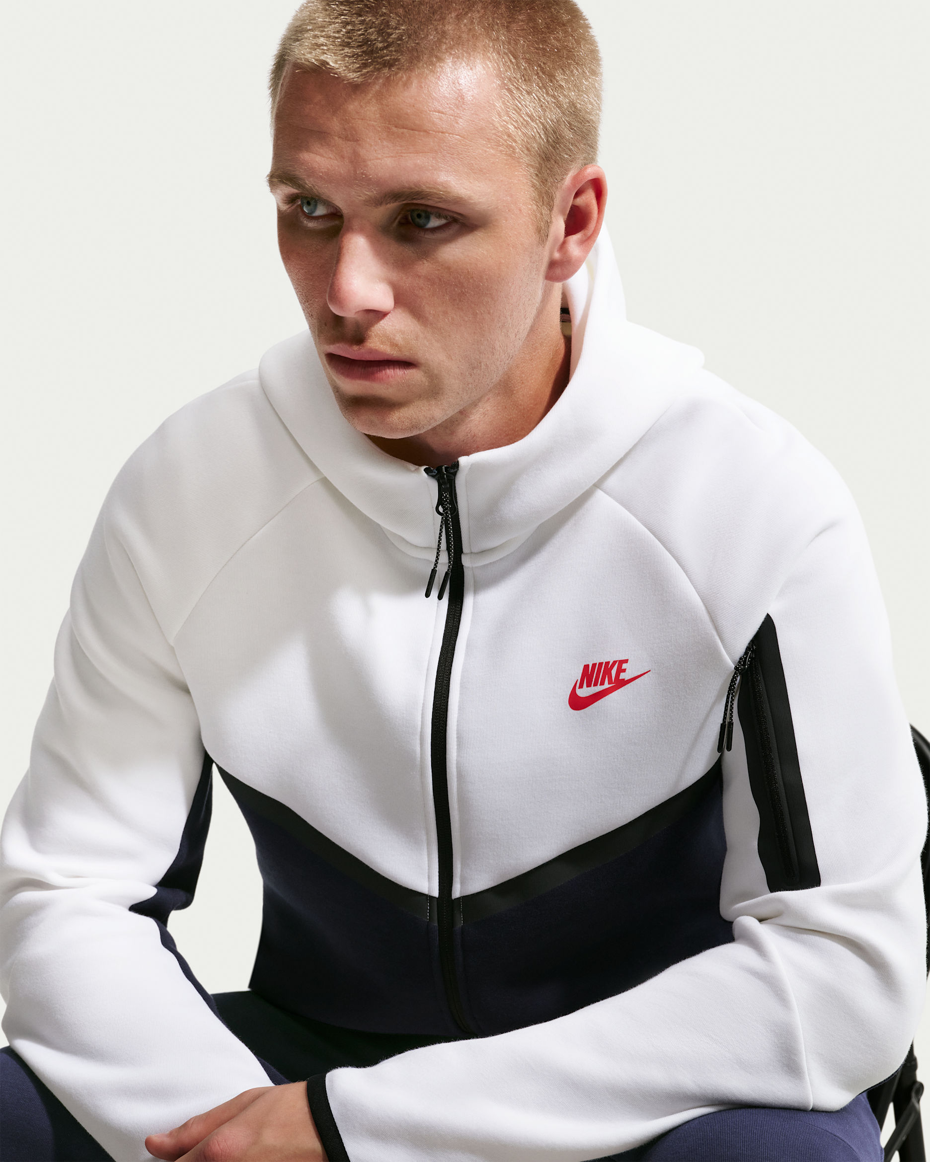 Nike Tech Windrunner herenjack van fleece met rits over de hele lengte - Wit/Obsidian/Speed Red