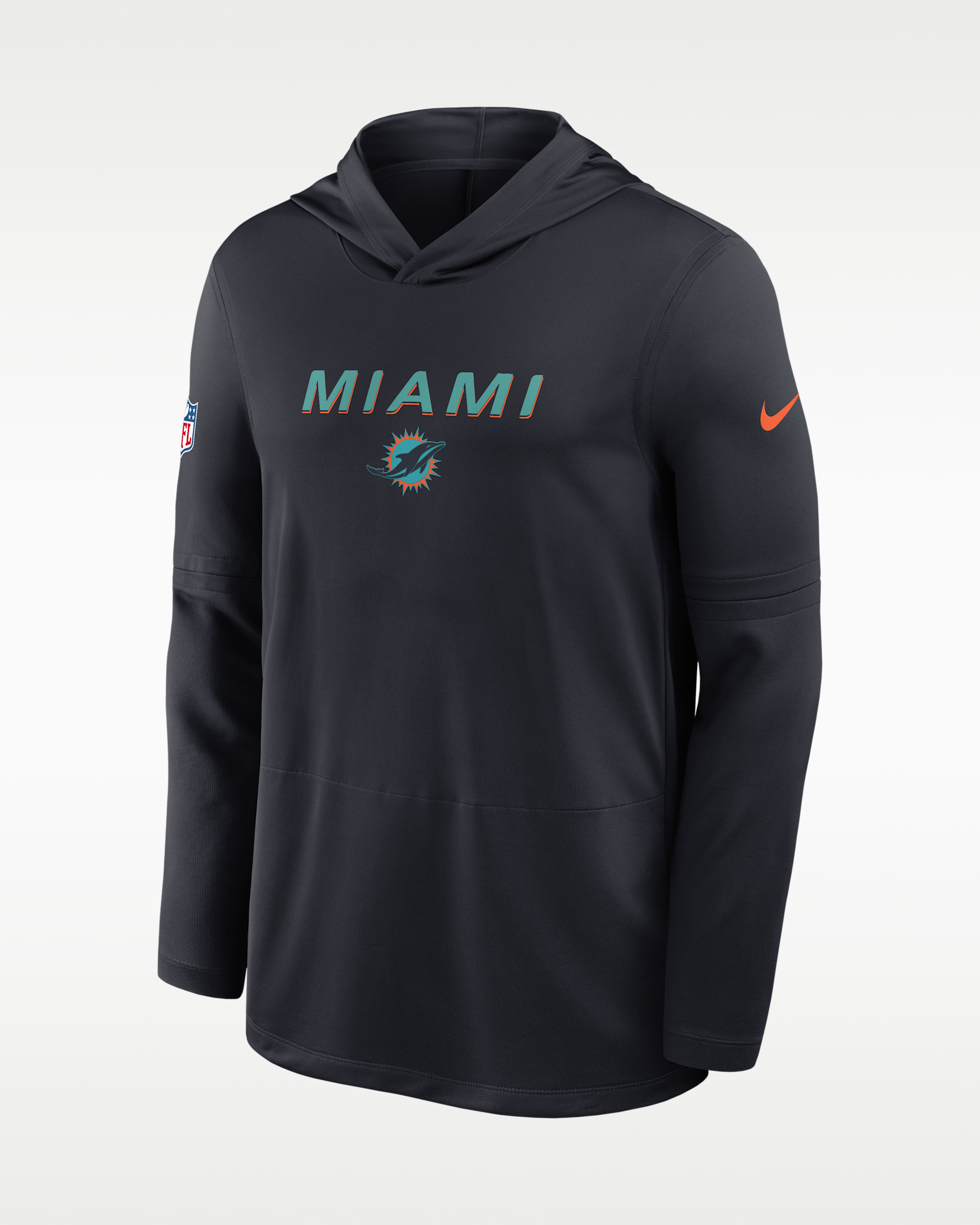 Playera de manga larga Nike Dri-FIT de la NFL con gorro para hombre Miami Dolphins Rivalries Collection Sideline - Azul marino
