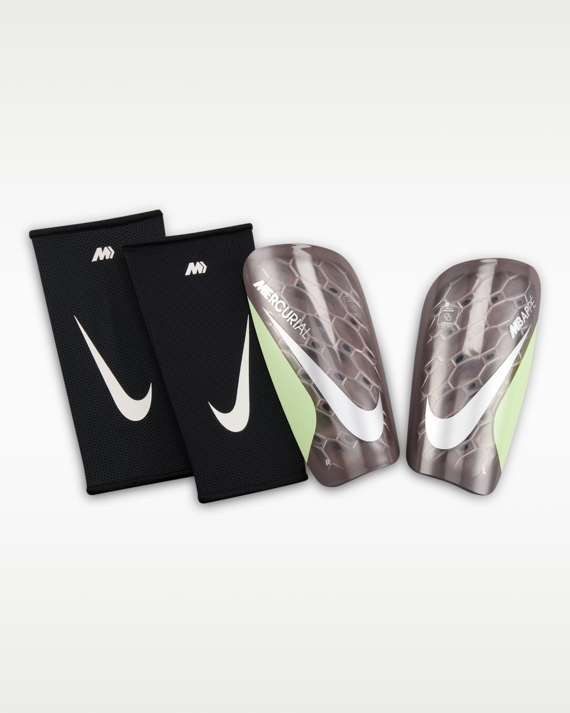 Nike Mercurial Lite "Kylian Mbappé" Soccer Shin Guards - Malt/Barely Volt/Metallic Silver