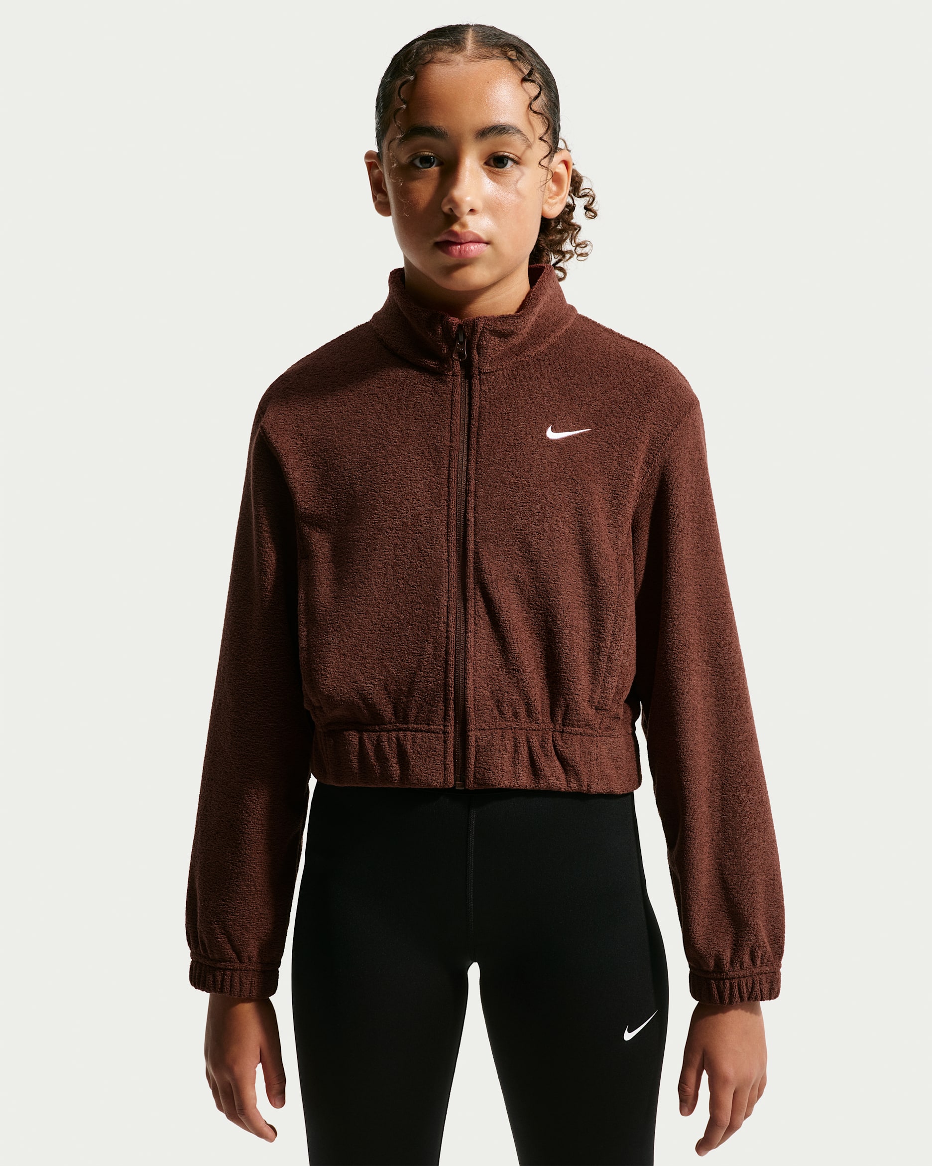 Nike Pro Therma-FIT-fleecetop med lynlås i fuld længde til større børn (piger) - Mystic Dates/hvid