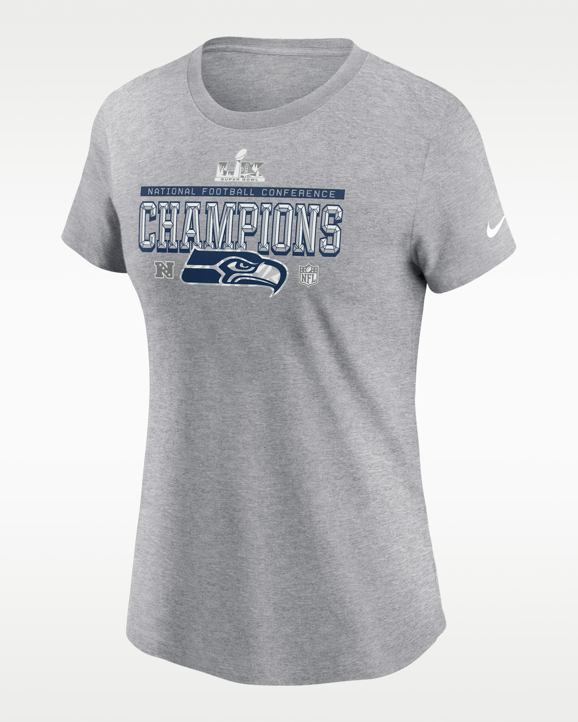 Seattle Seahawks 2026 NFC Champions Trophy Collection Women's Nike NFL T-Shirt - Dark Grey Heather