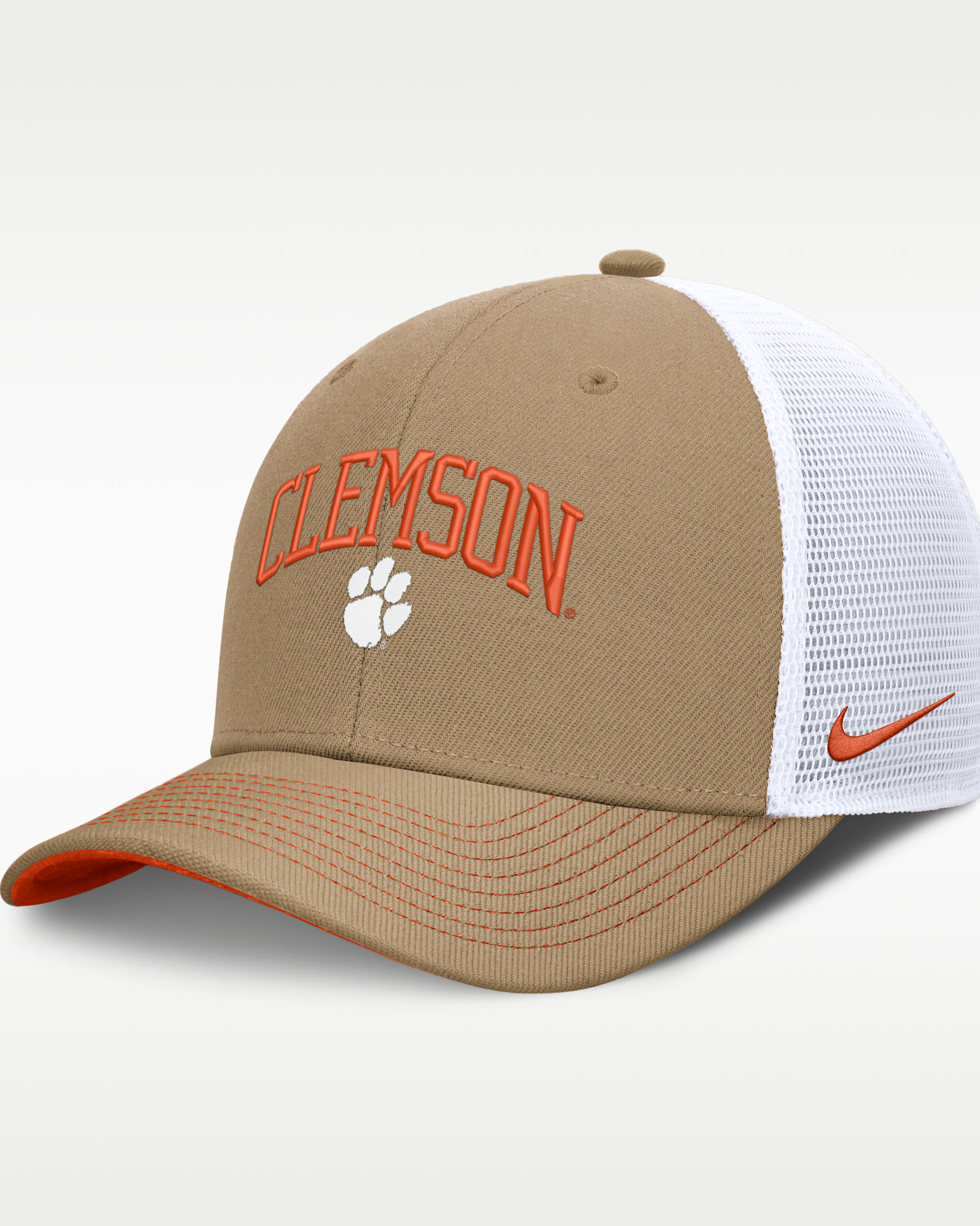 Clemson Primetime Arched Men's Nike Dri-FIT College Trucker Adjustable Hat - Classic Beige/Orange