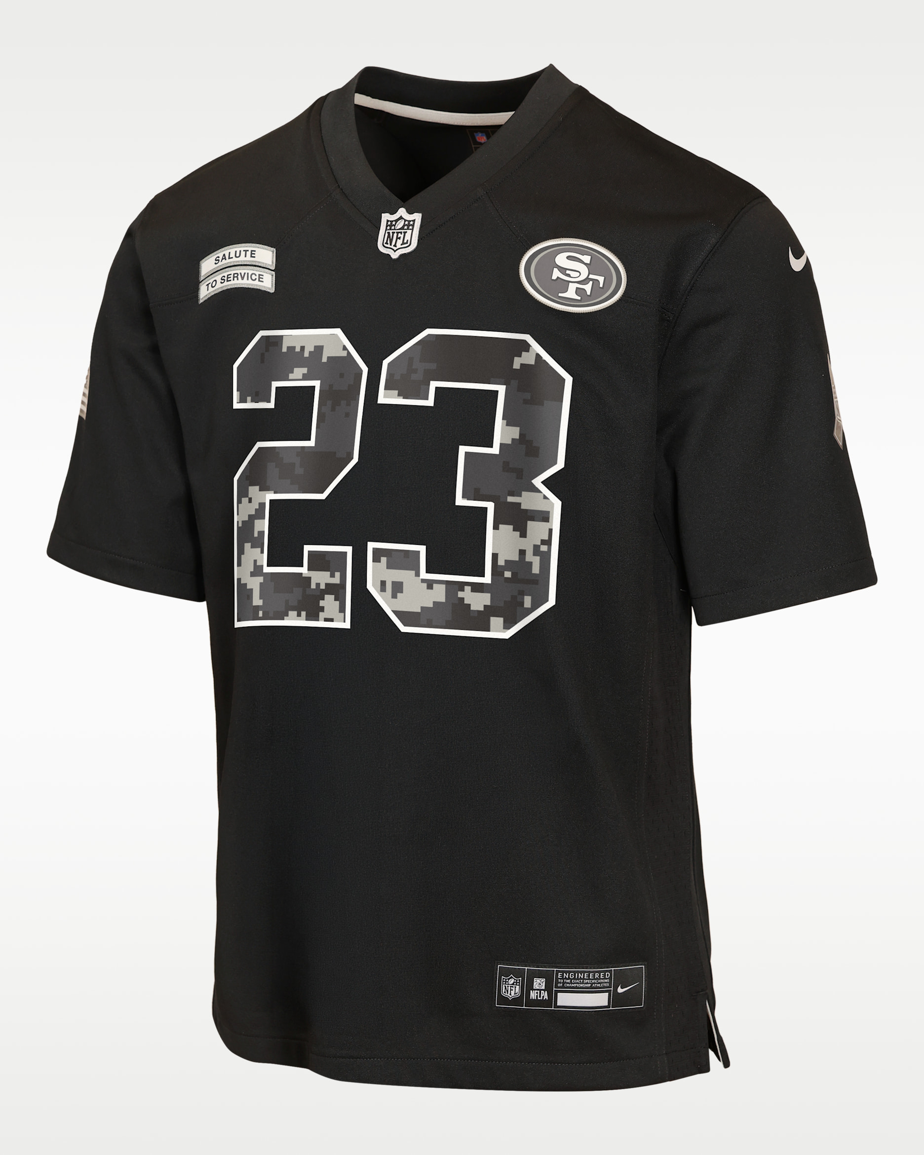 Jersey Nike de la NFL Game para niños talla grande Christian McCaffrey San Francisco 49ers Salute to Service - Negro