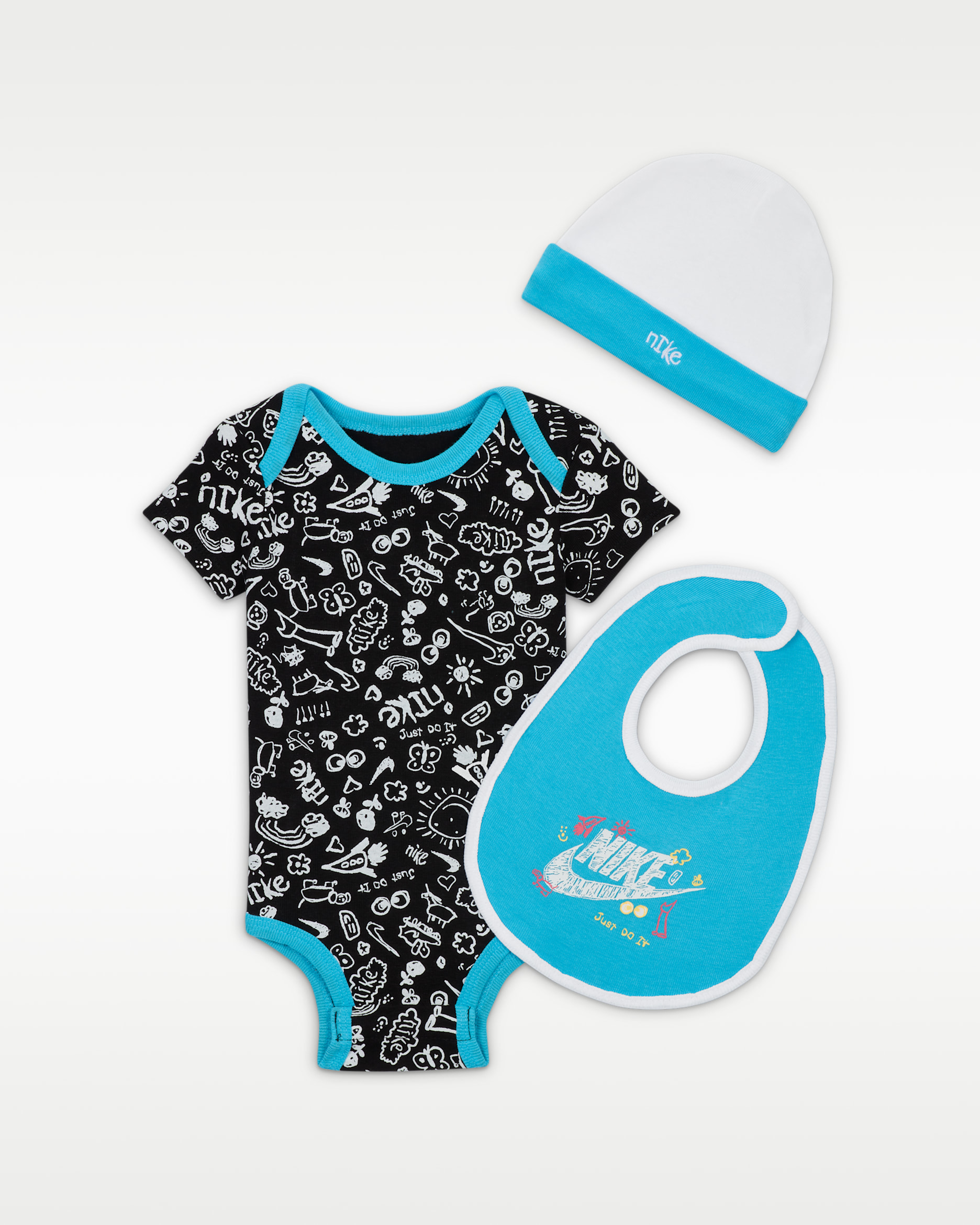 Nike 'Just Doodle It' 3-Piece Boxed Set driedelige rompertjesset voor baby's - Baltic Blue
