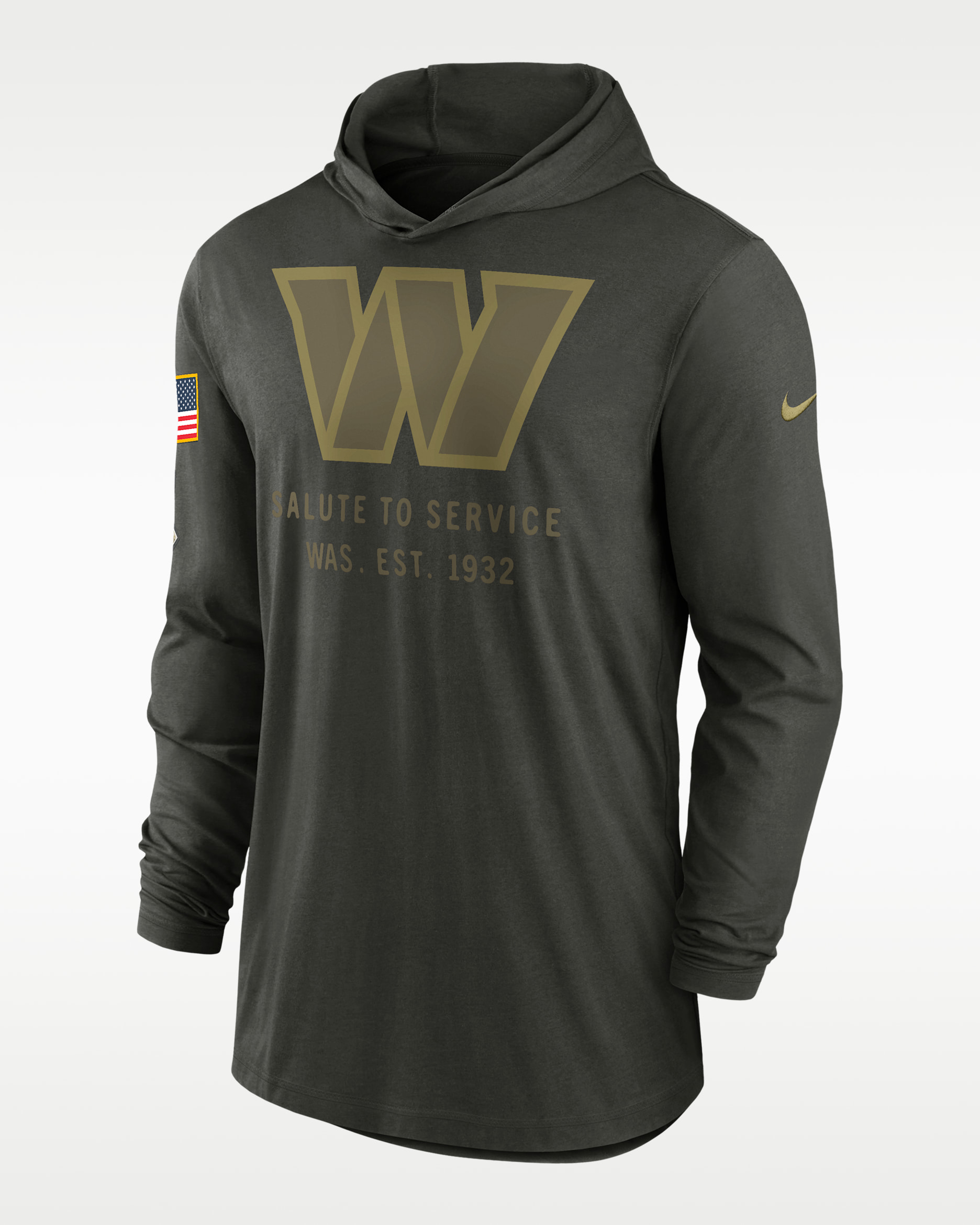 Playera de manga larga Nike Dri-FIT de la NFL con gorro para hombre Washington Commanders Salute to Service Sideline - Verde bosque