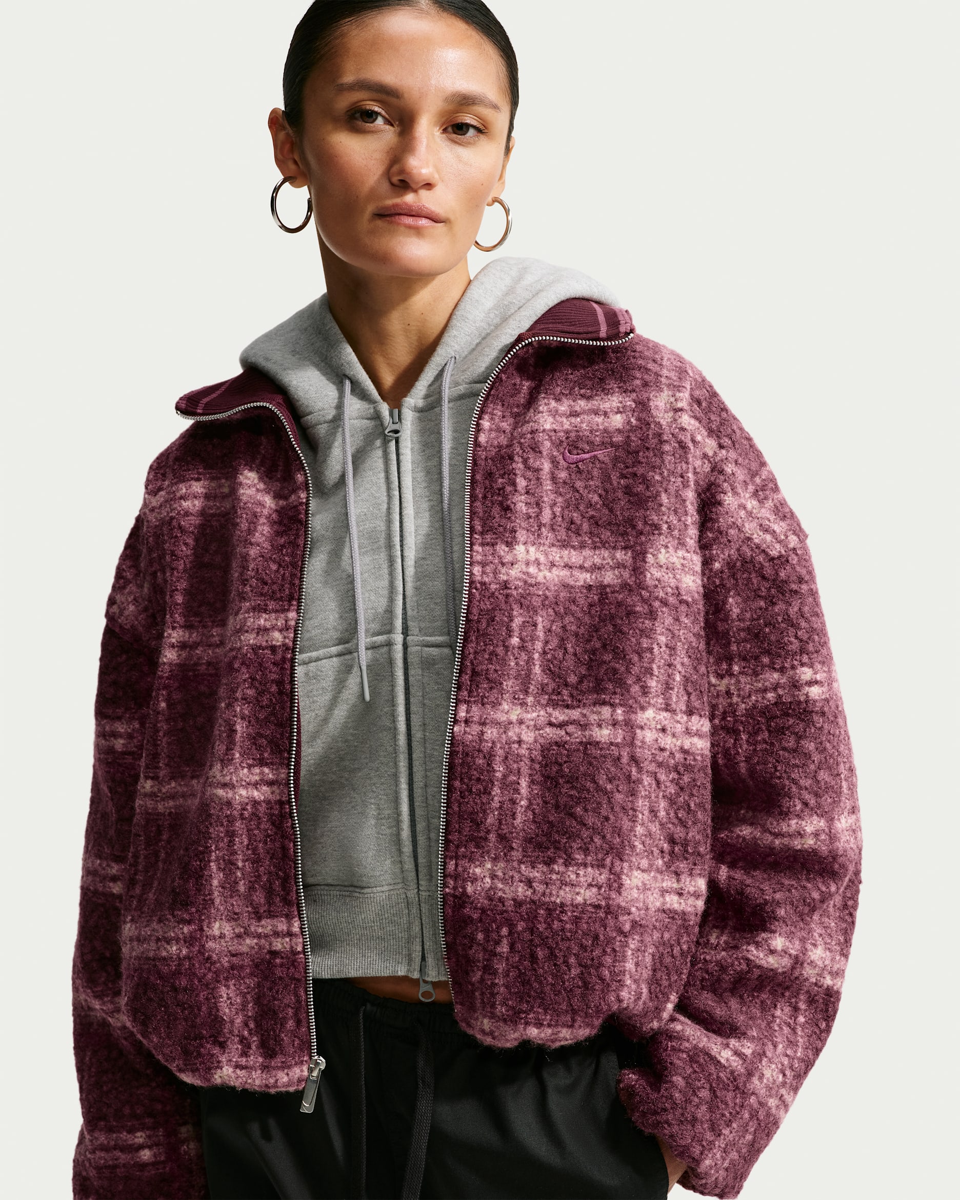 Veste oversize à carreaux en Fleece à poils longs Nike Sportswear pour femme - Mystic Dates/Pink Smoke