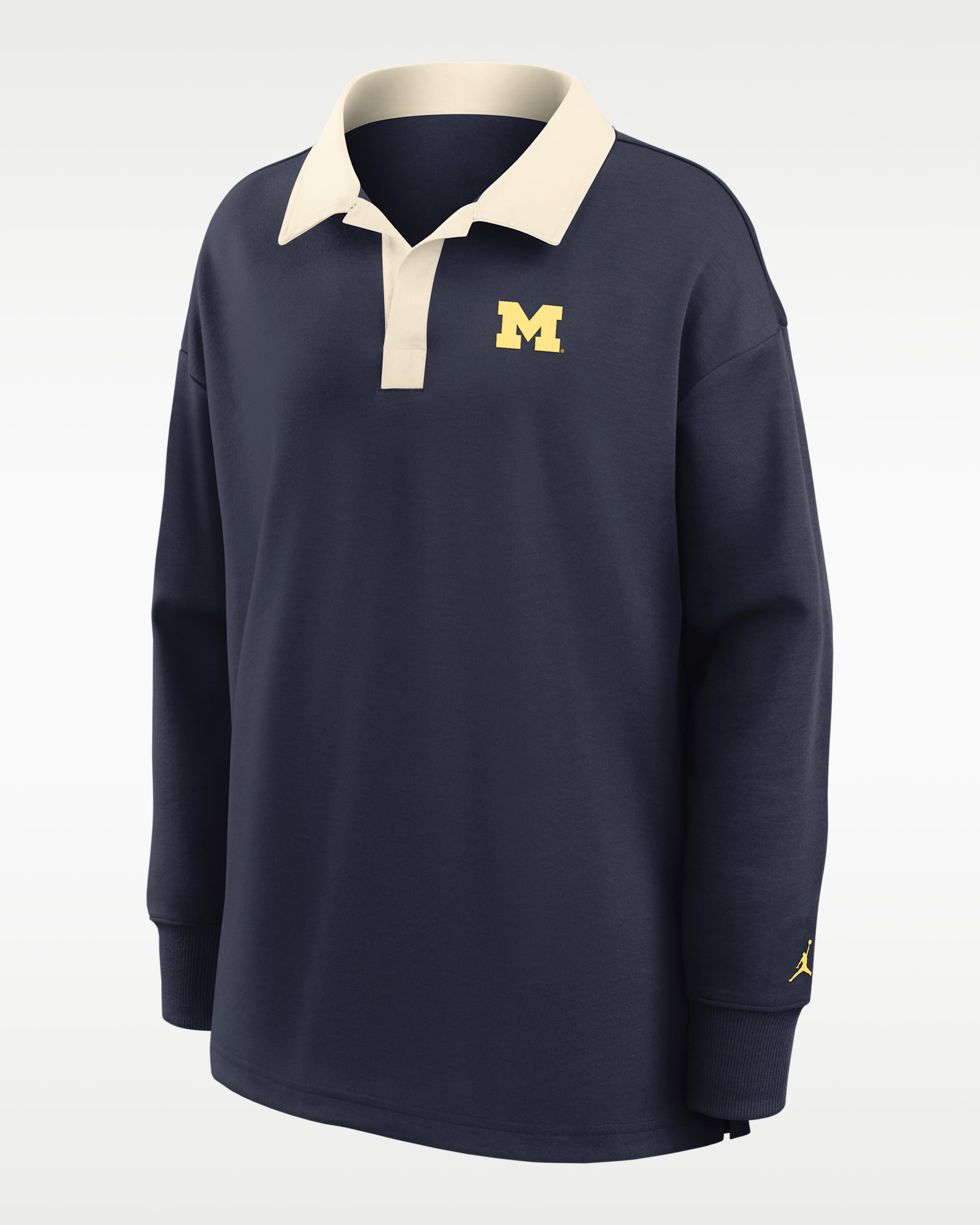 Polo de manga larga marca Jordan Dri-FIT oversized para mujer Michigan Academic - Azul marino/Natural