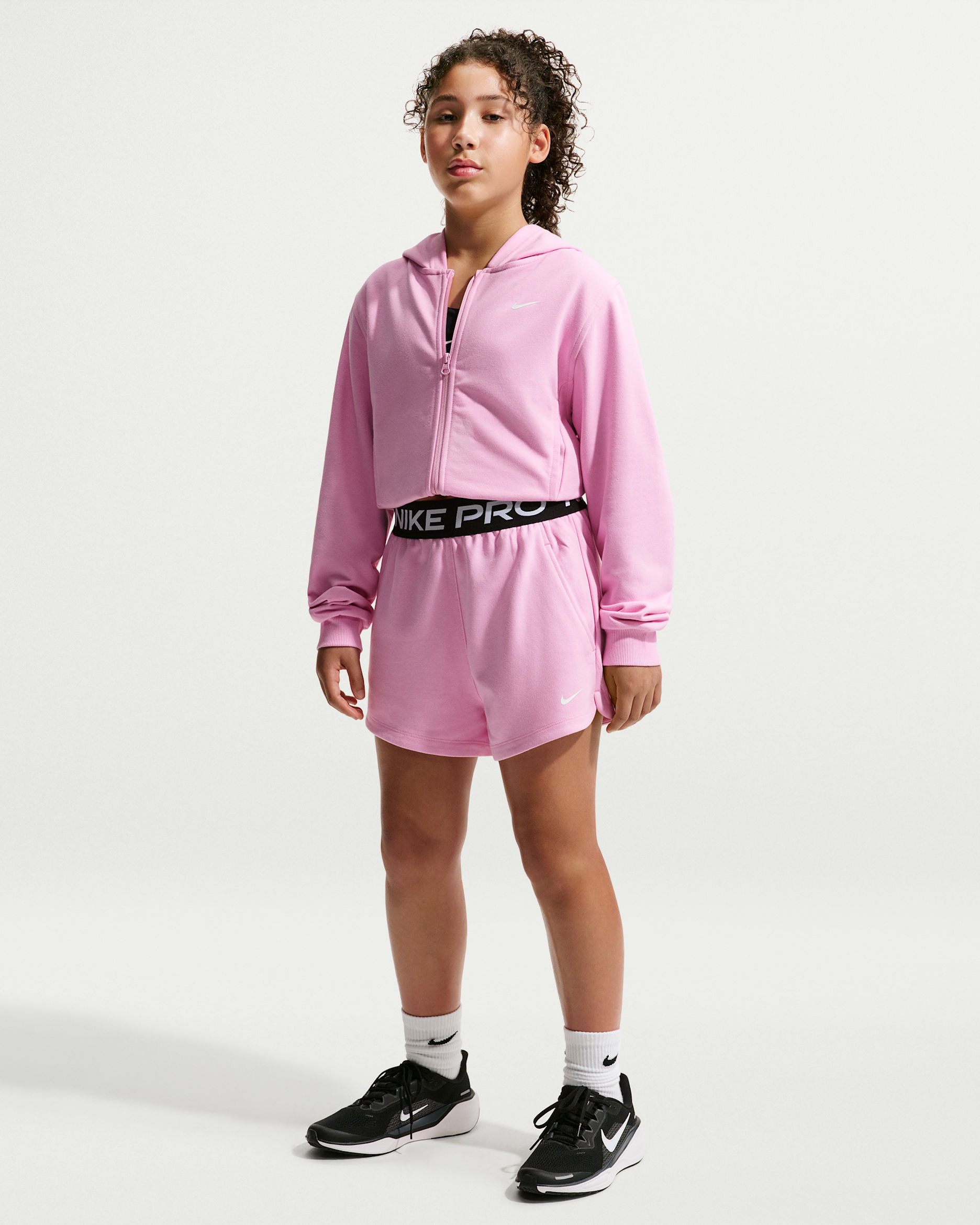 Nike Pro Fleece Older Kids' (Girls') Dri-FIT Shorts - Pink Rise/Pink Rise/Black/White