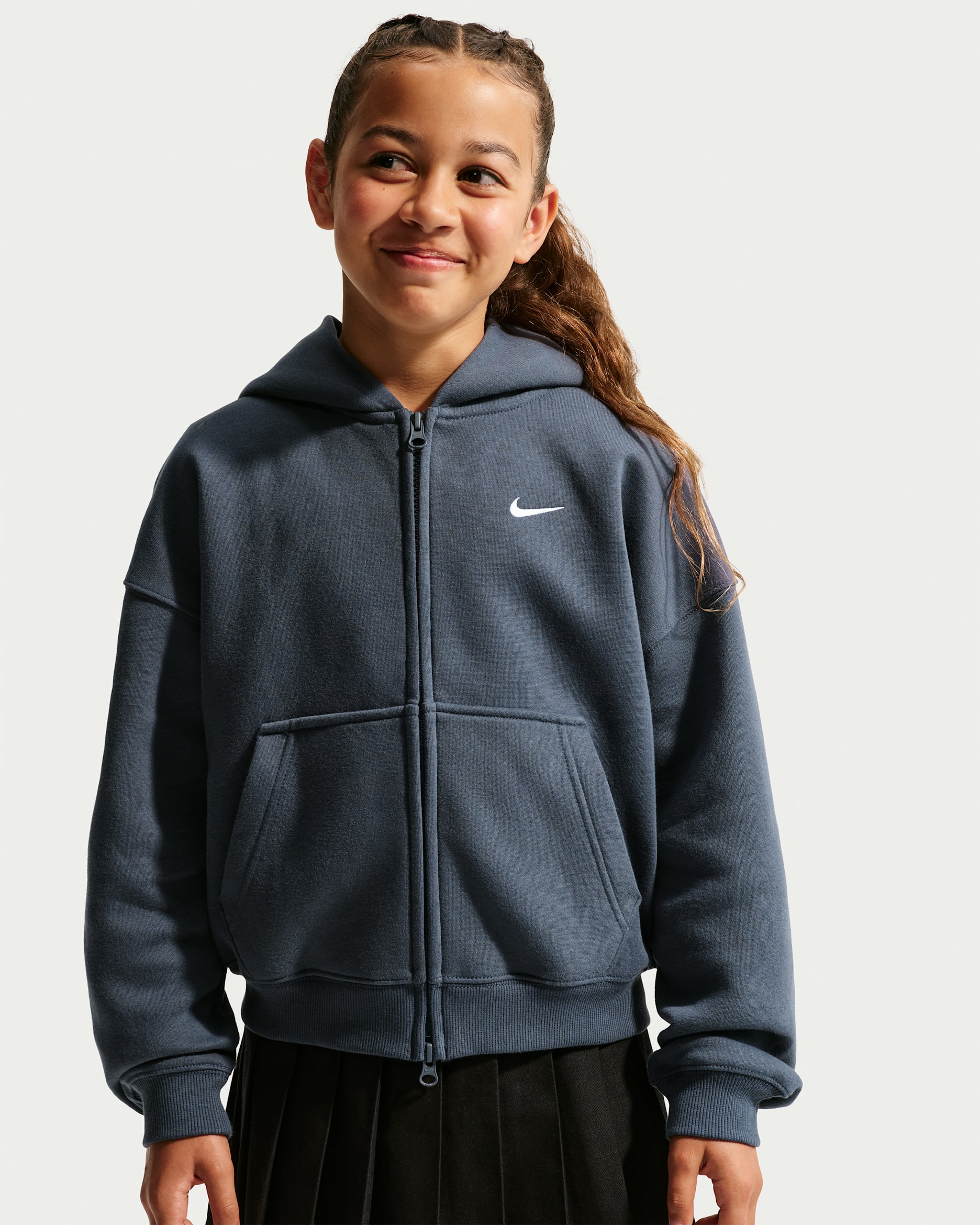 Nike Sportswear Studio Fleece Big Kids' (Girls') Oversized Full-Zip Hoodie - Thunder Blue/White