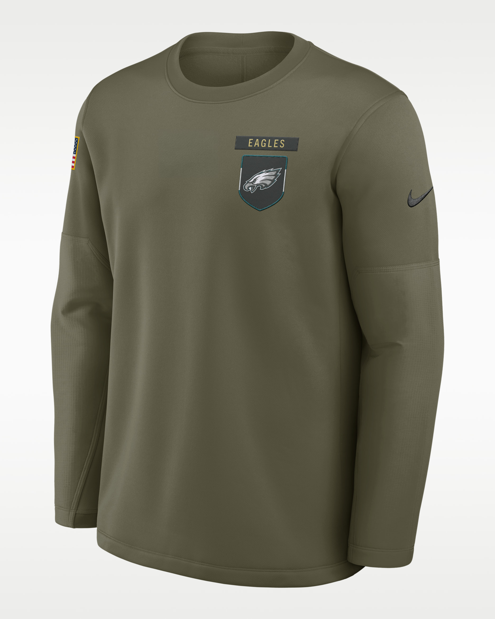 Sudadera de cuello redondo sin cierre Nike de la NFL para hombre Philadelphia Eagles Salute to Service Sideline Triumphant Win Coach - Oliva medio