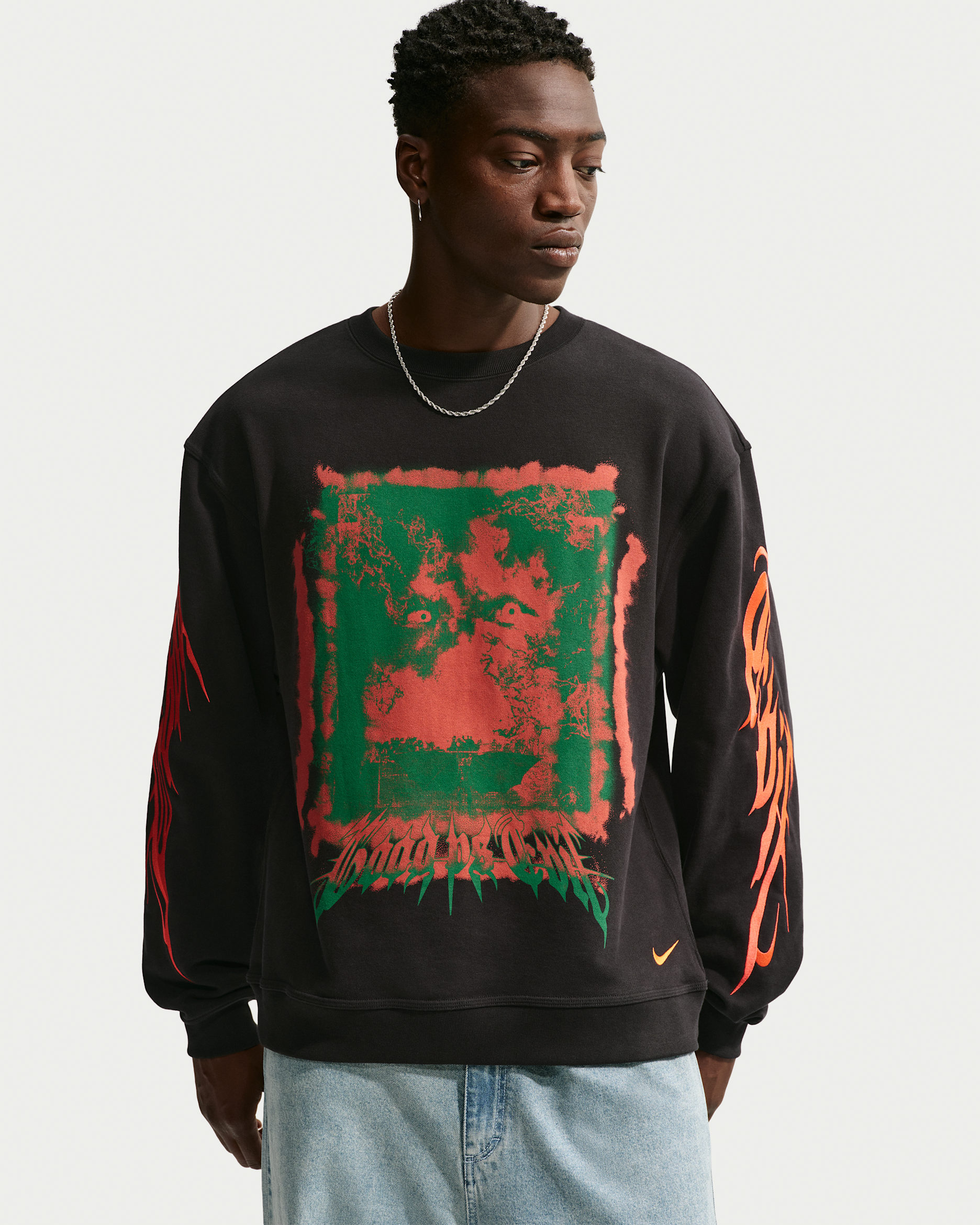 Sweat à col ras-du-cou en tissu Fleece Nike "Your Message Here" pour homme - Noir/Bright Crimson/Blanc/Safety Orange