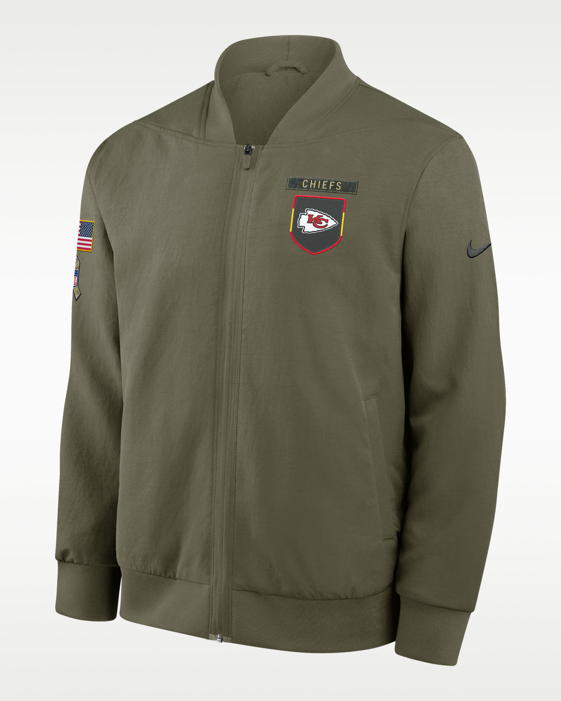 Chamarra bomber Nike de la NFL de cierre completo para hombre Kansas City Chiefs Salute to Service Sideline - Oliva