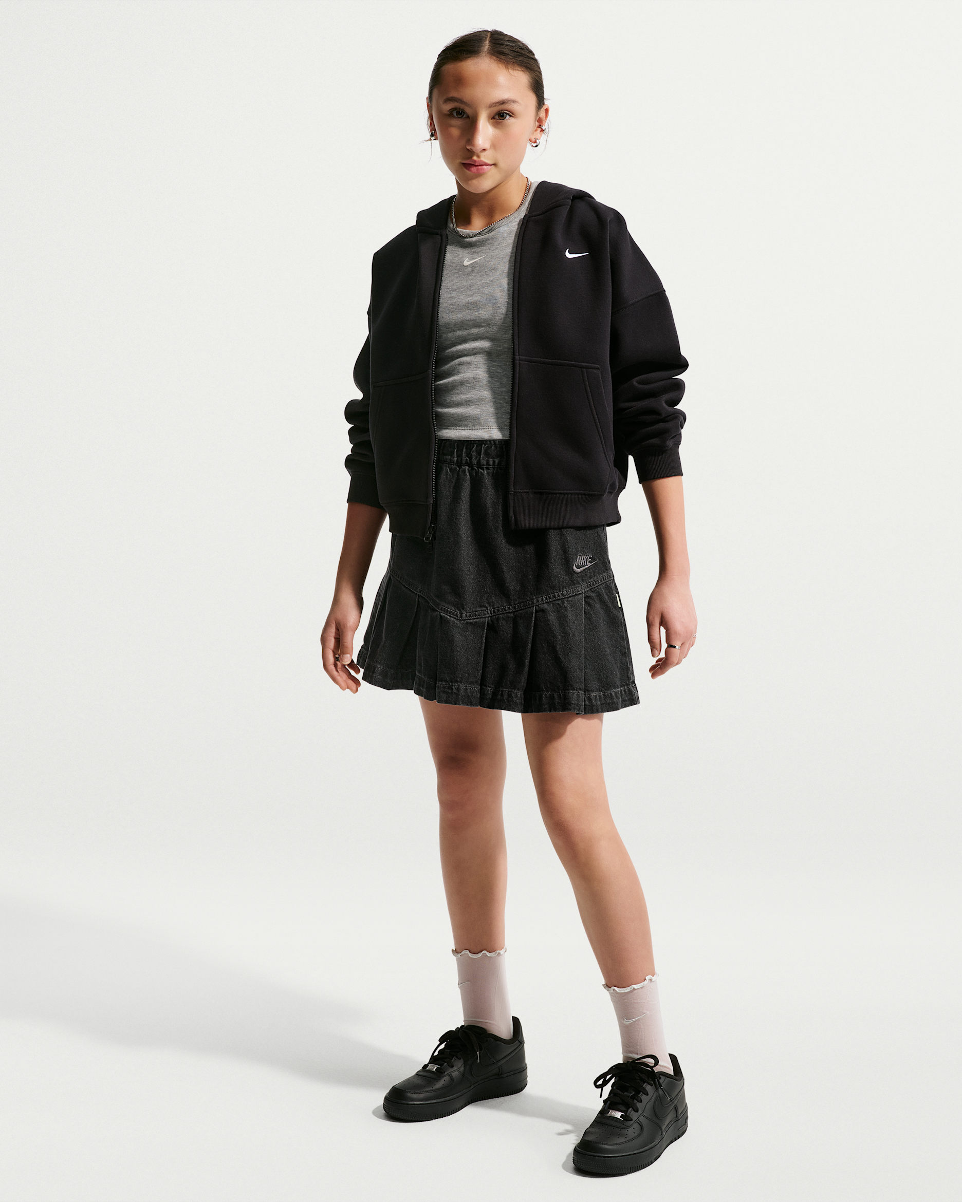 Nike Sportswear Big Kids' (Girls') Denim Pleated Skirt - Black/Anthracite/Volt/Anthracite