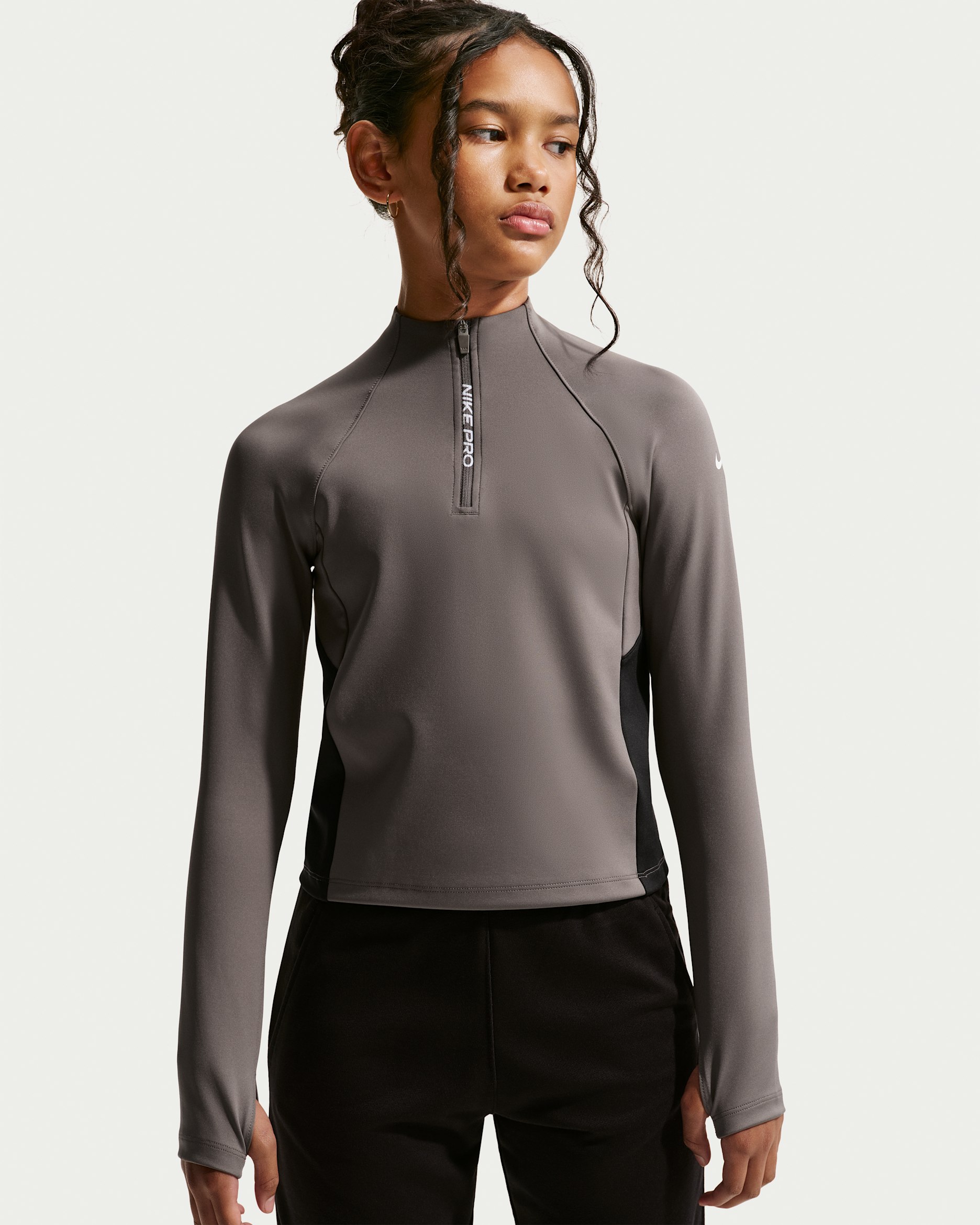 Nike Pro Older Kids' (Girls') Dri-FIT Half-Zip Long Sleeve - Cave Stone/Black/White
