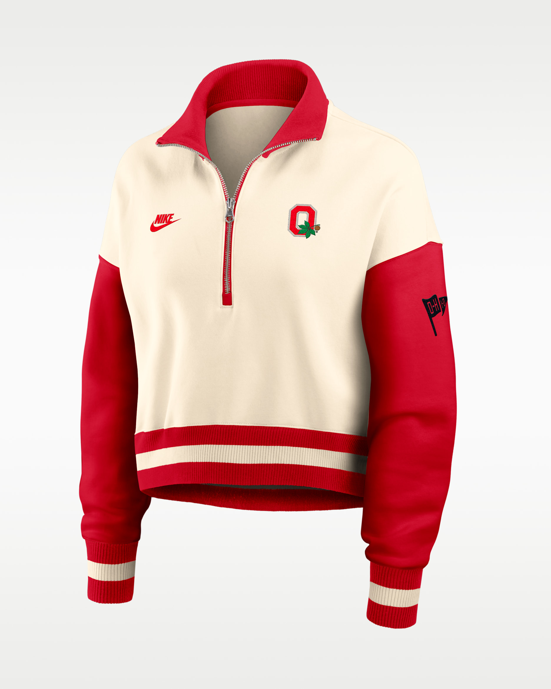 Ohio State Legacy Women's Nike College Cropped Oversized 1/4-Zip Crew - Natural/University Red