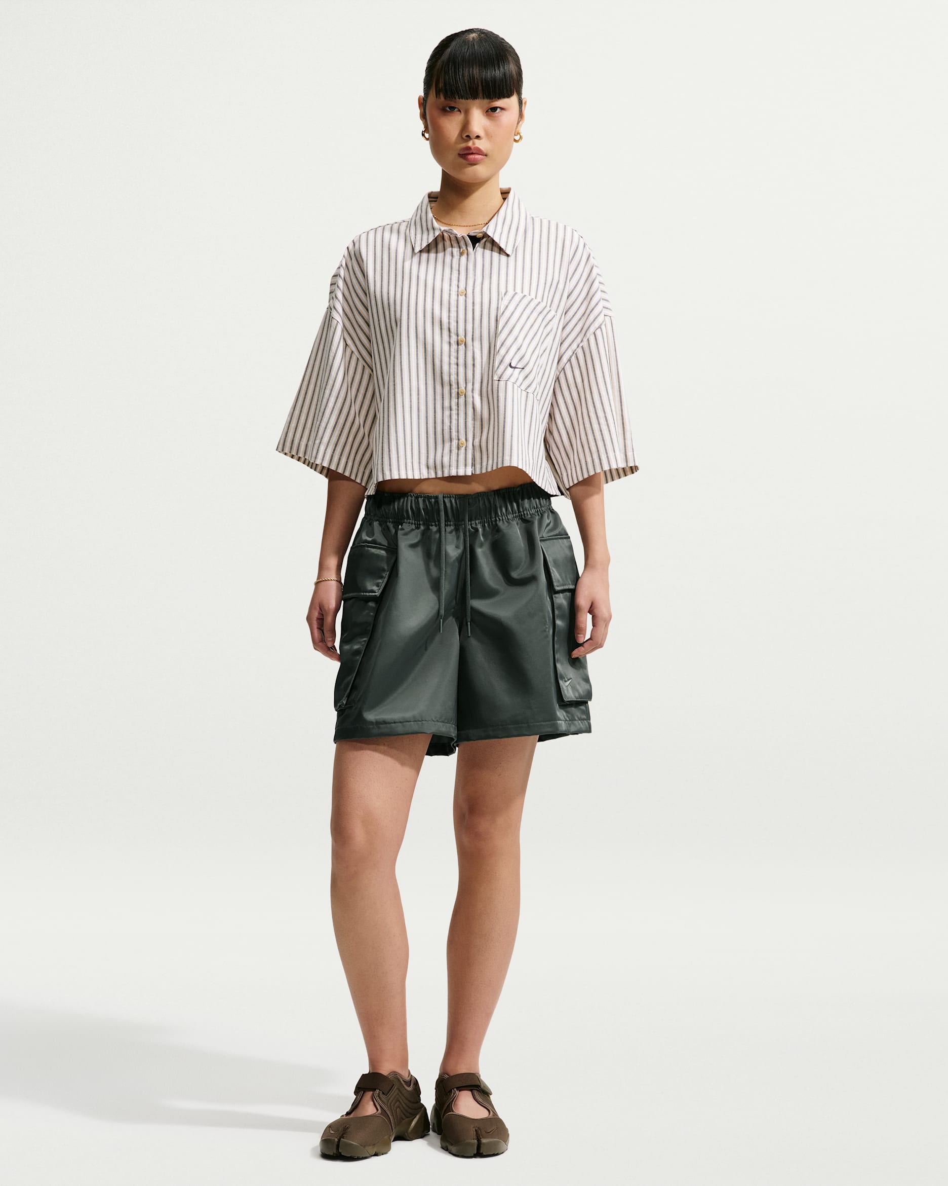 Nike Sportswear Women's Loose Mid-Rise Satin Cargo Shorts - Camo Green/Camo Green