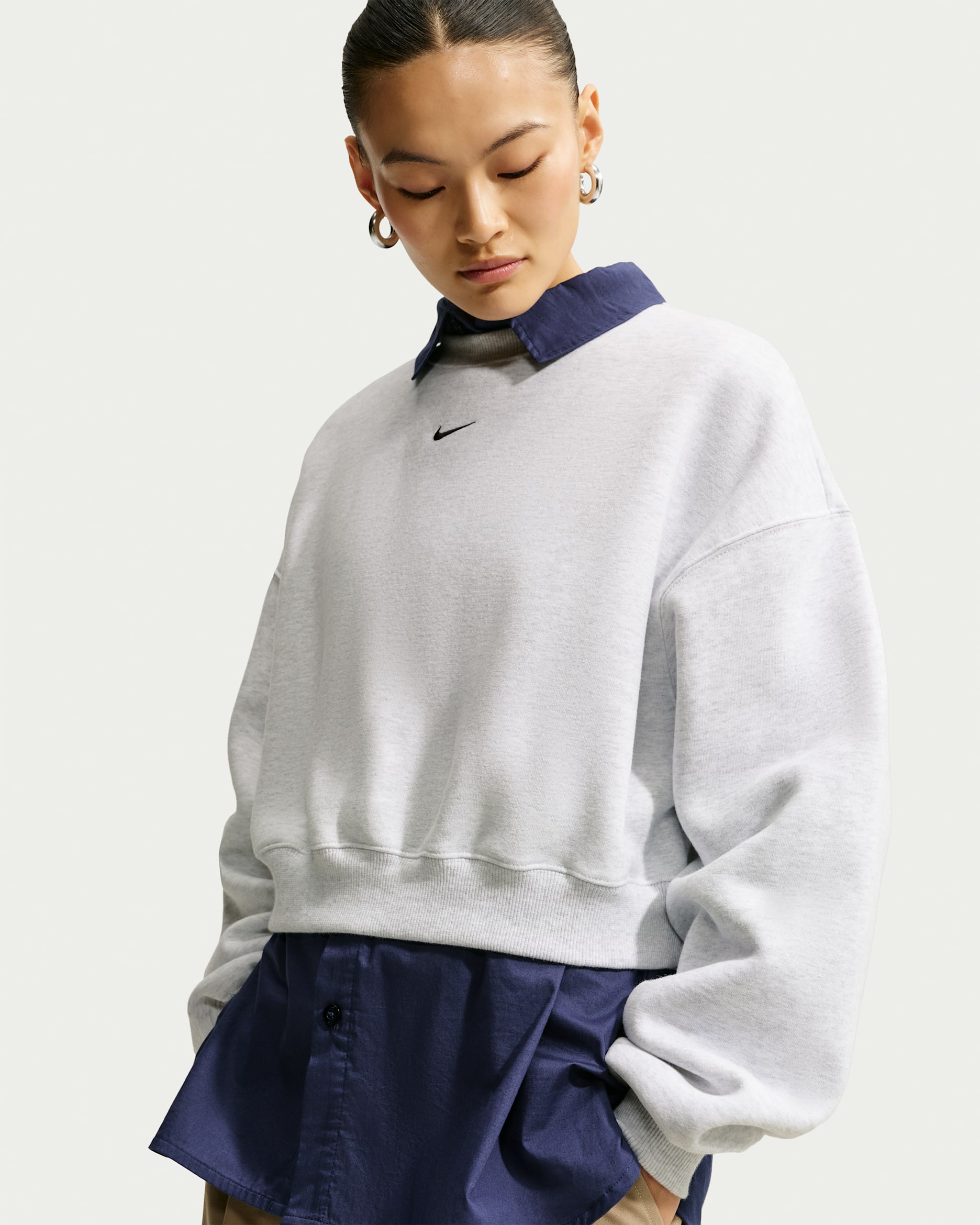 Nike Studio Fleece Medium Weight Women's Oversized Cropped Crew - Birch Heather/Black