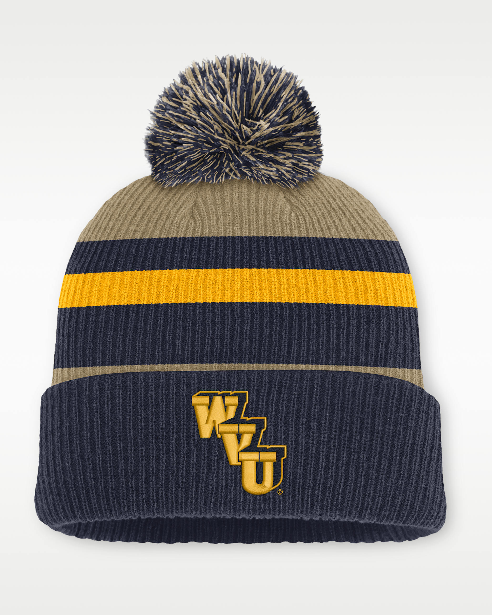 West Virginia Legacy Striped Men's Nike College Cuffed Pom Beanie - Classic Beige/Navy