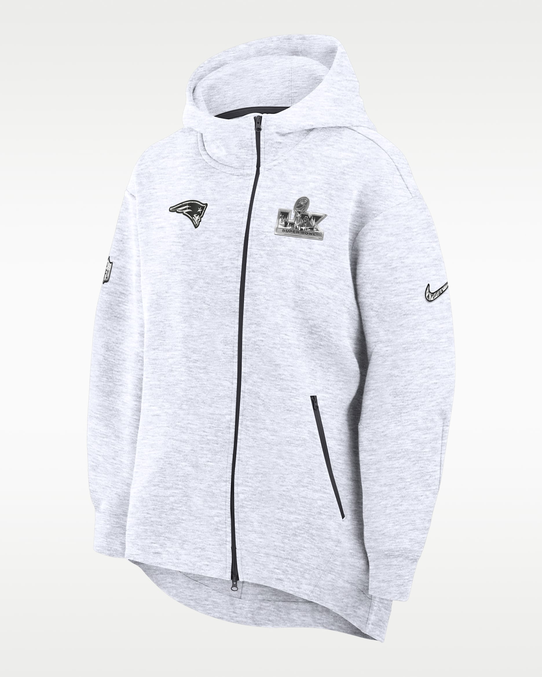 New England Patriots Super Bowl LX Opening Night Tech Fleece Women's Nike NFL Full-Zip Hooded Cape - Light Grey Heather