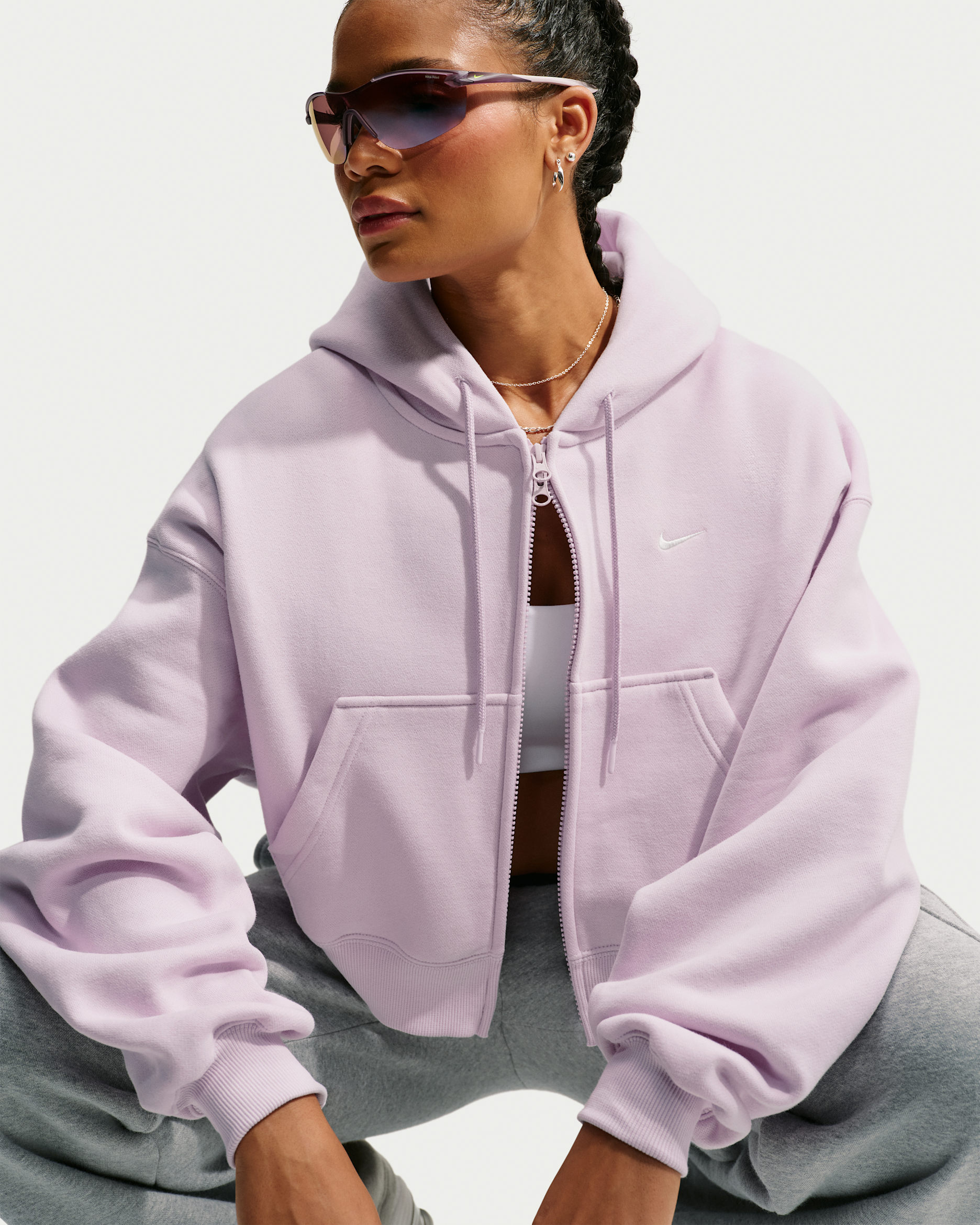 Sudadera con gorro cropped oversized de cierre completo para mujer Nike Studio Fleece Medium Weight - Lila desteñido/Vela