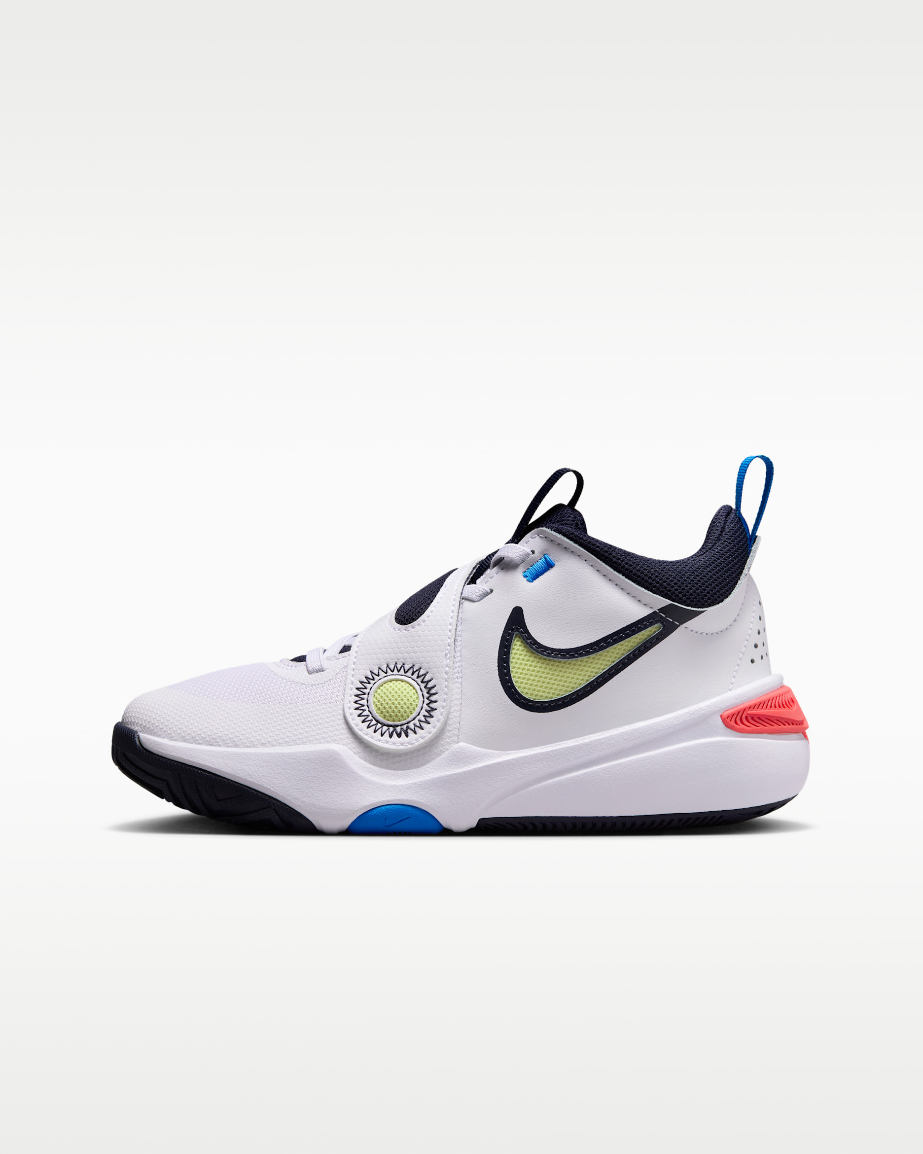 Tenis de básquetbol para niños grandes Nike Team Hustle D 11 - Blanco/Carmesí brillante/Azul foto/Toque de limón claro